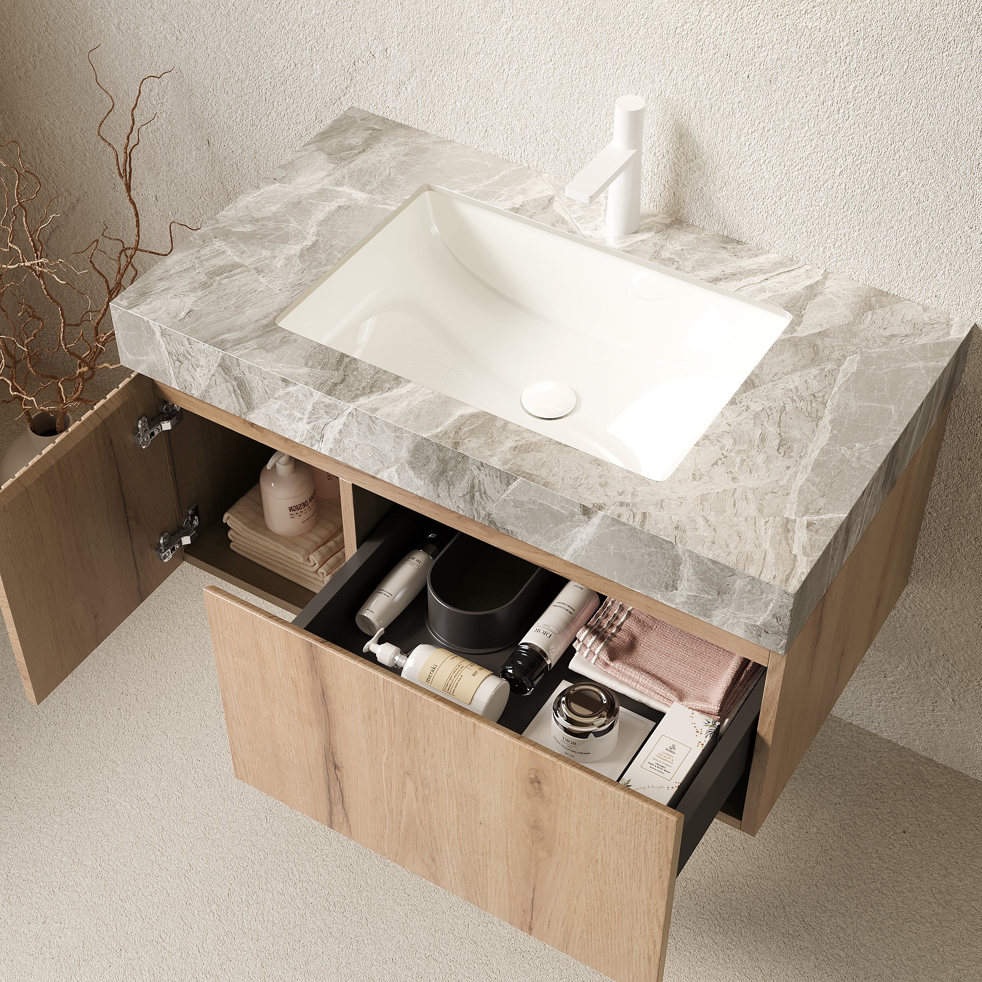 MURI 36" Wall-Mounted Bathroom Vanity with Light Gray Sintered Stone Top & Ceramic Sink, Floating Cabinet with Drawer and Door, Natural Oak Woodgrain, Pre-Assembled