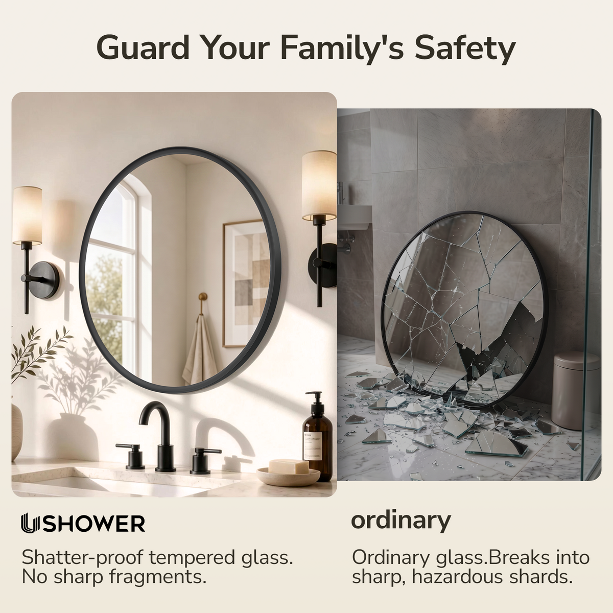 USHOWER Curva Round Bathroom Mirror 36 Inch, Black Circle Mirror Over Sink Vanity