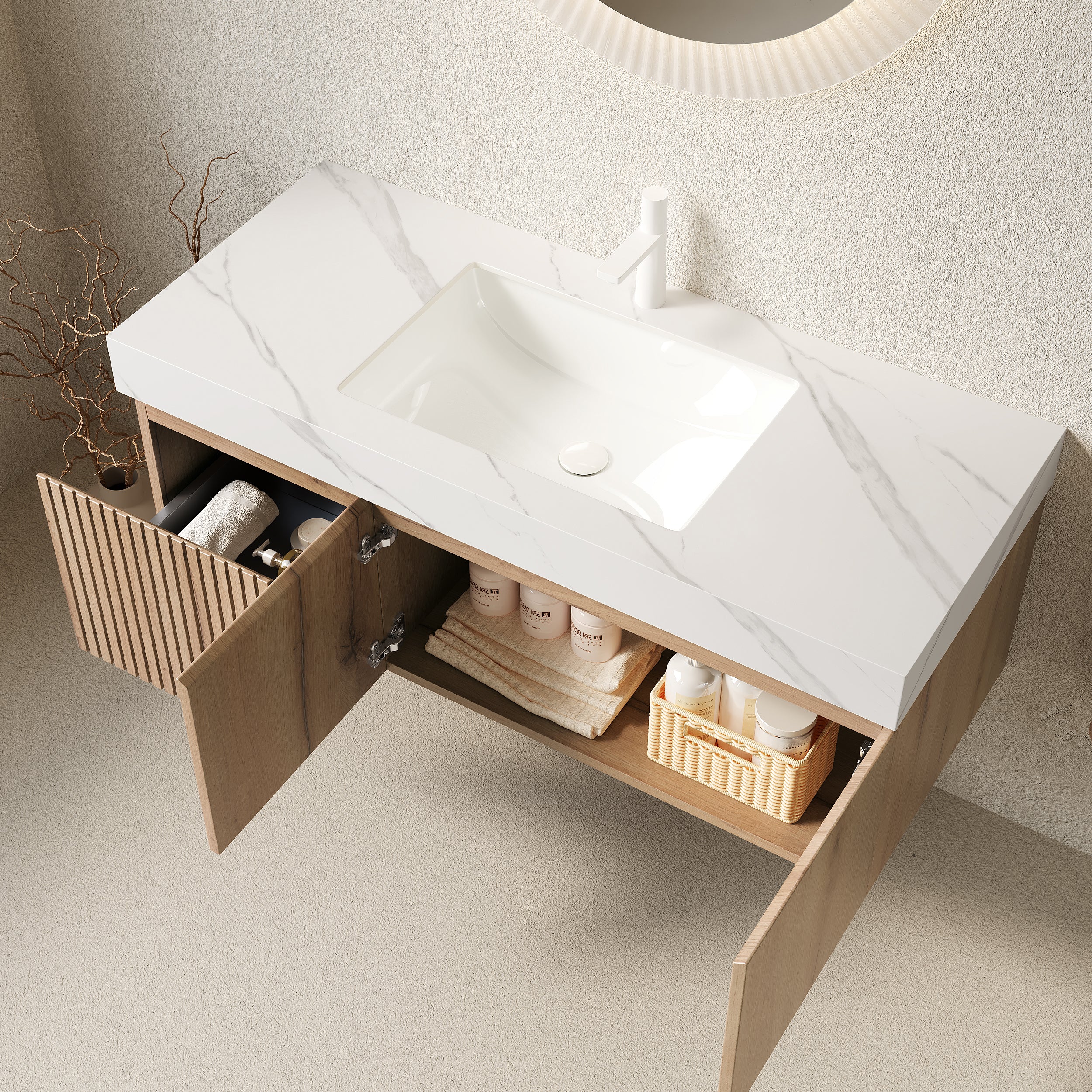 MURI 48" Wall-Mounted Bathroom Vanity with White Sintered Stone Top & Ceramic Sink, Floating Cabinet with Drawer and Door, Natural Oak Woodgrain, Pre-Assembled