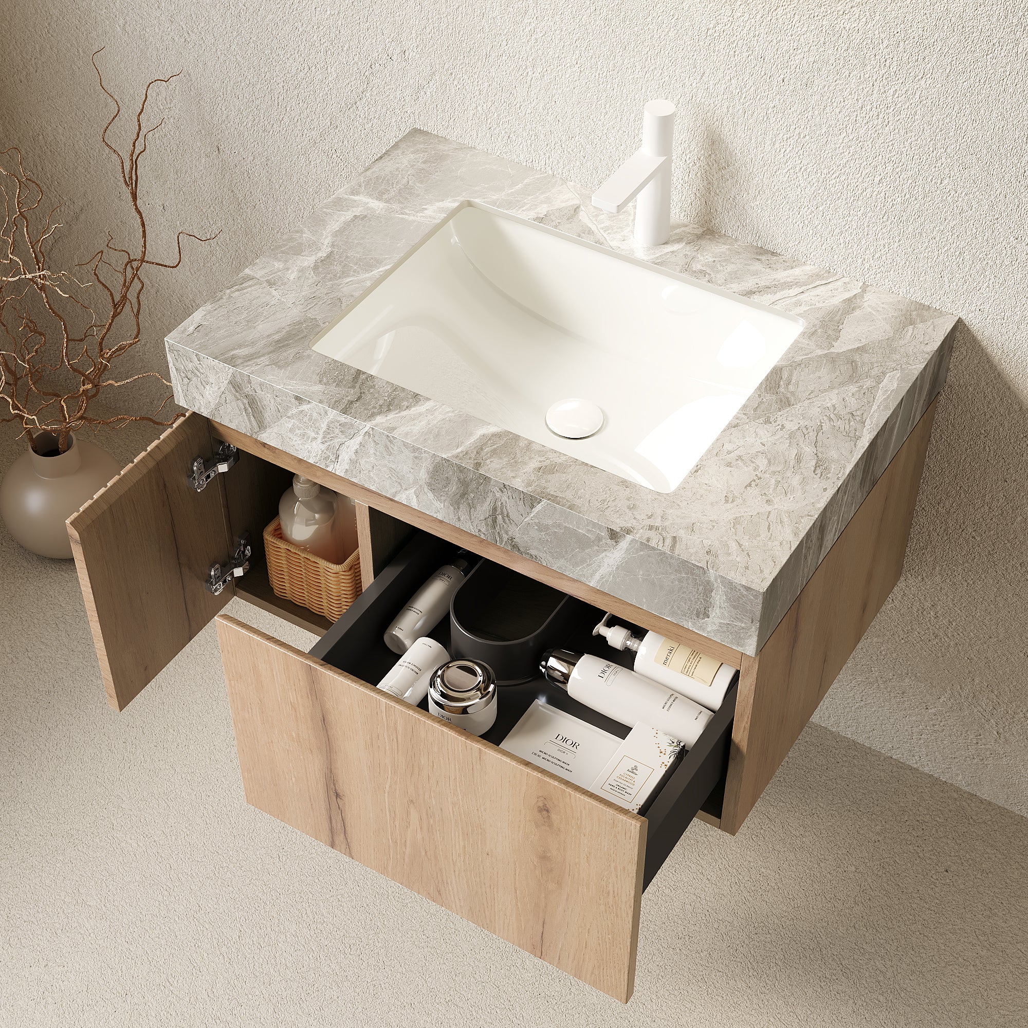 MURI 30" Wall-Mounted Bathroom Vanity with Light Gray Sintered Stone Top & Ceramic Sink, Floating Cabinet with Drawer and Door, Natural Oak Woodgrain, Pre-Assembled