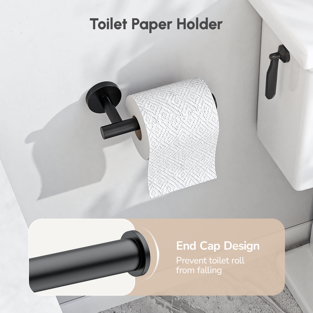 Toilet Paper Holder with End Cap Design in USHOWER Matuko Hardware Set – Prevents Roll from Sliding Off