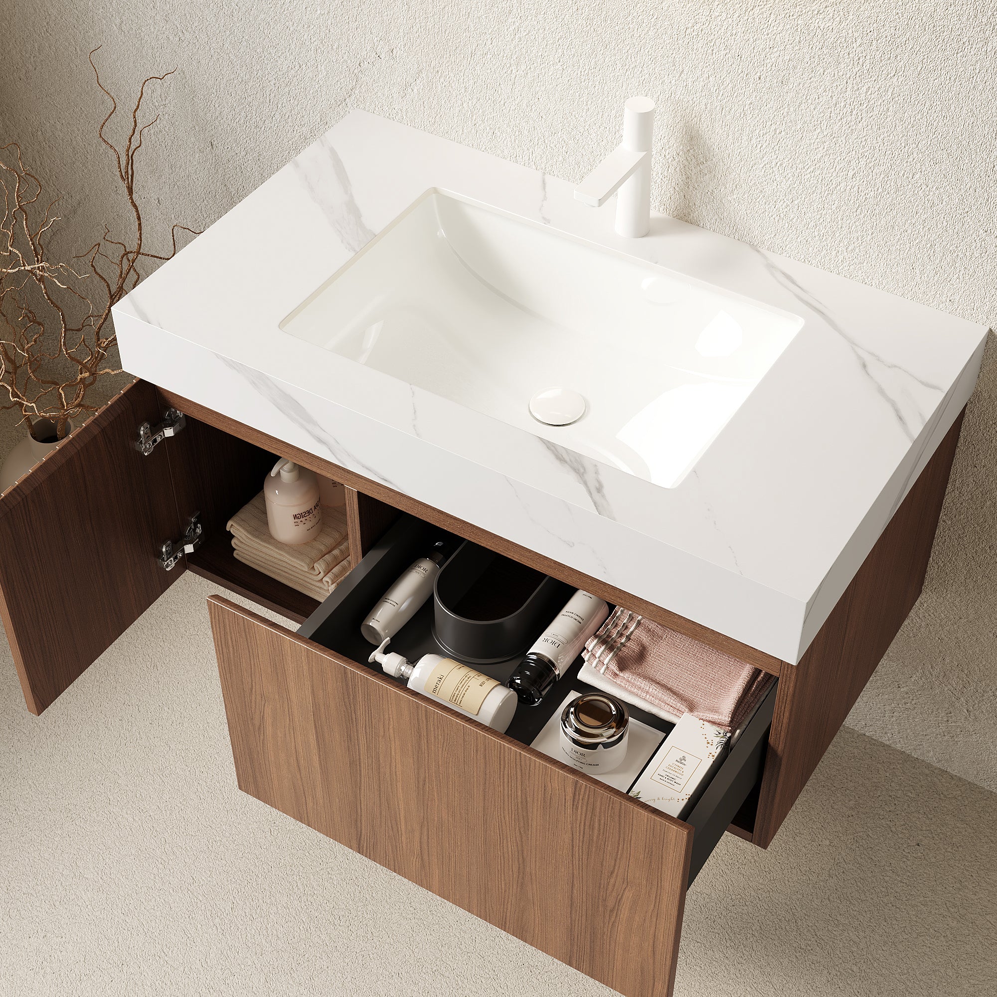 MURI 36" Wall-Mounted Bathroom Vanity with White Sintered Stone Top & Ceramic Sink, Floating Cabinet with Drawer and Door, Brown Oak Woodgrain, Pre-Assembled