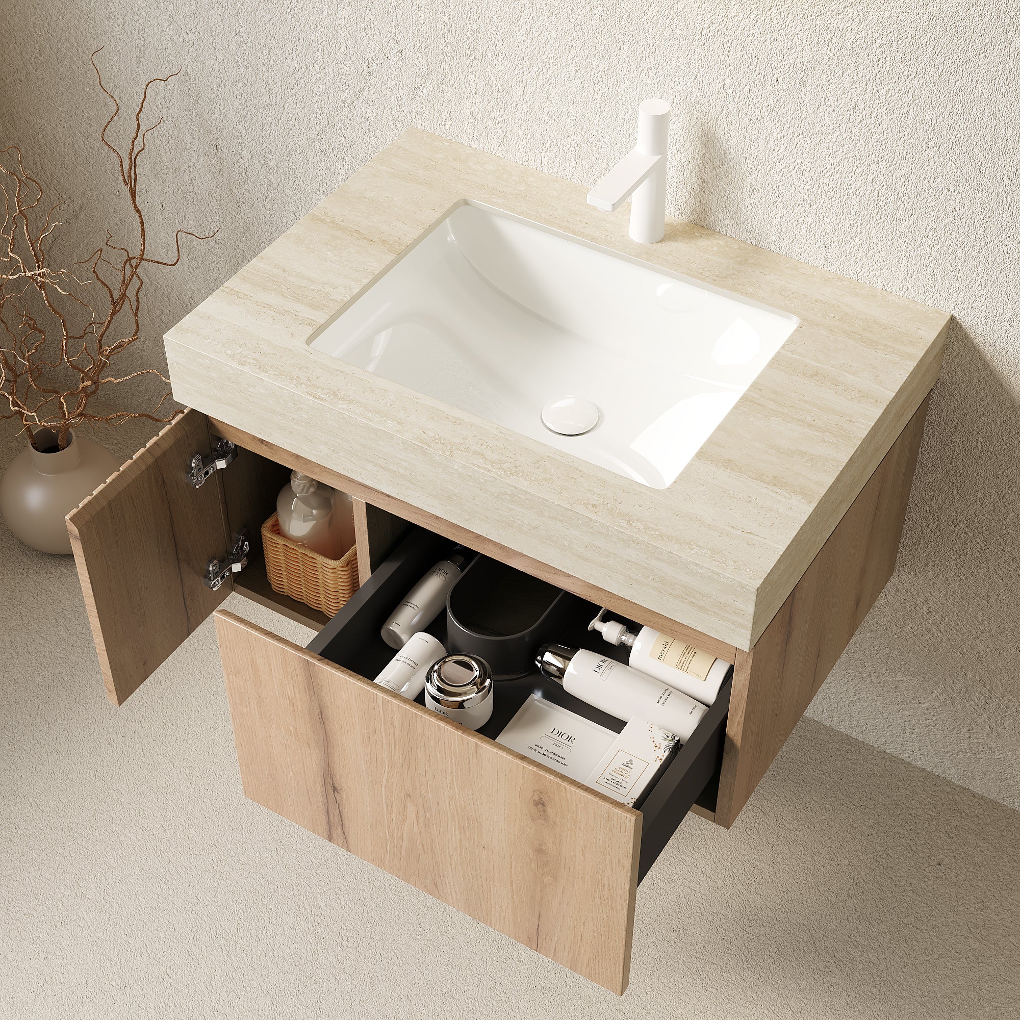 MURI 30" Wall-Mounted Bathroom Vanity with Travertine-Pattern Sintered Stone Top & Ceramic Sink, Floating Cabinet with Drawer and Door, Natural Oak Woodgrain, Pre-Assembled