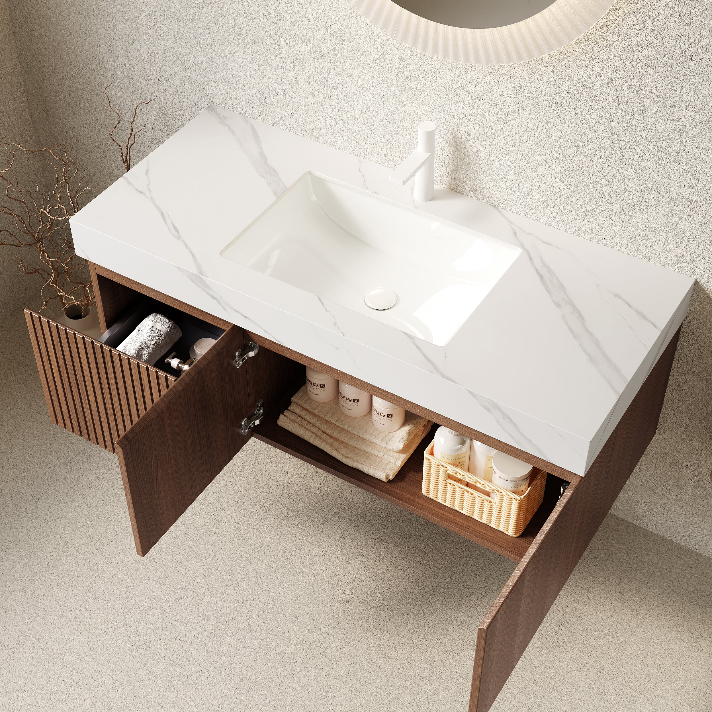 MURI 48" Wall-Mounted Bathroom Vanity with White Sintered Stone Top & Ceramic Sink, Floating Cabinet with Drawer and Door, Brown Oak Woodgrain, Pre-Assembled