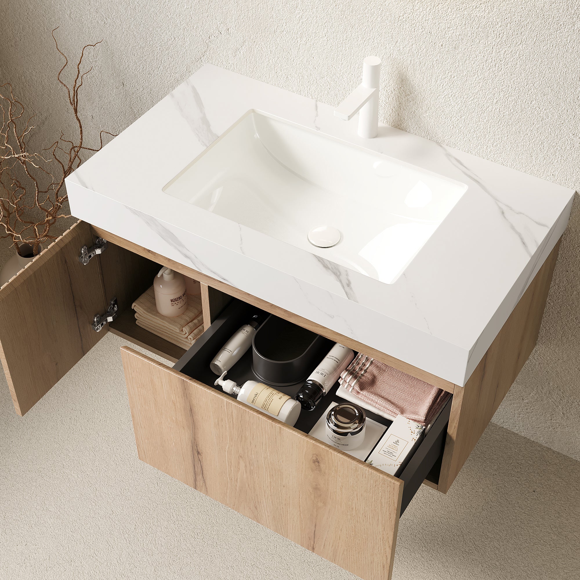 MURI 36" Wall-Mounted Bathroom Vanity with White Sintered Stone Top & Ceramic Sink, Floating Cabinet with Drawer and Door, Natural Oak Woodgrain, Pre-Assembled