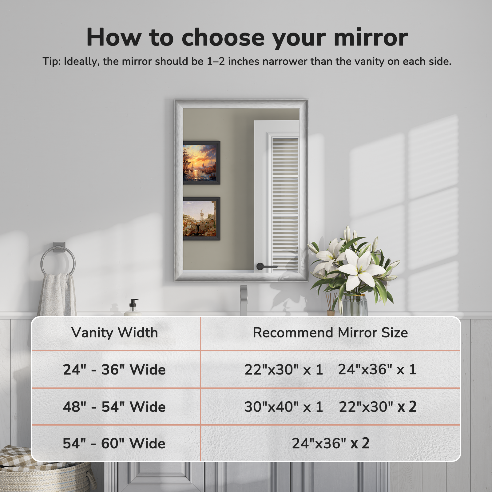 USHOWER Curva Mirror, Rectangular Silver Metal Framed Mirror, 22'' x 30''