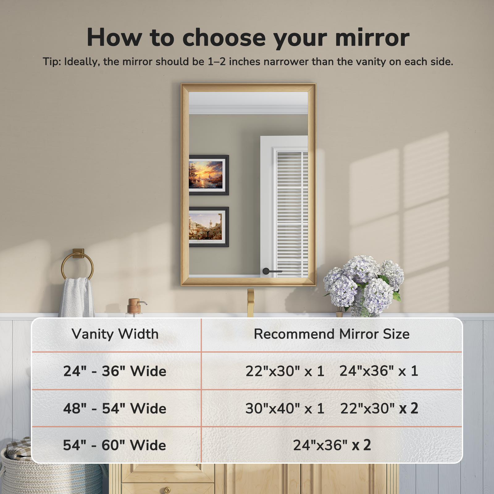 USHOWER Curva Mirror, 2-Pack Rectangular Gold Metal Framed Mirror, 24'' x 36''