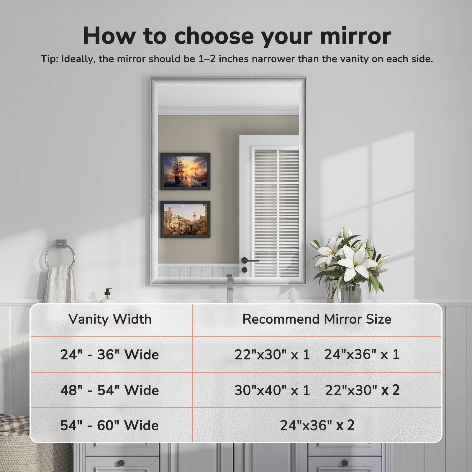 USHOWER Curva Mirror, Rectangular Silver Metal Framed Mirror, 30'' x 40''