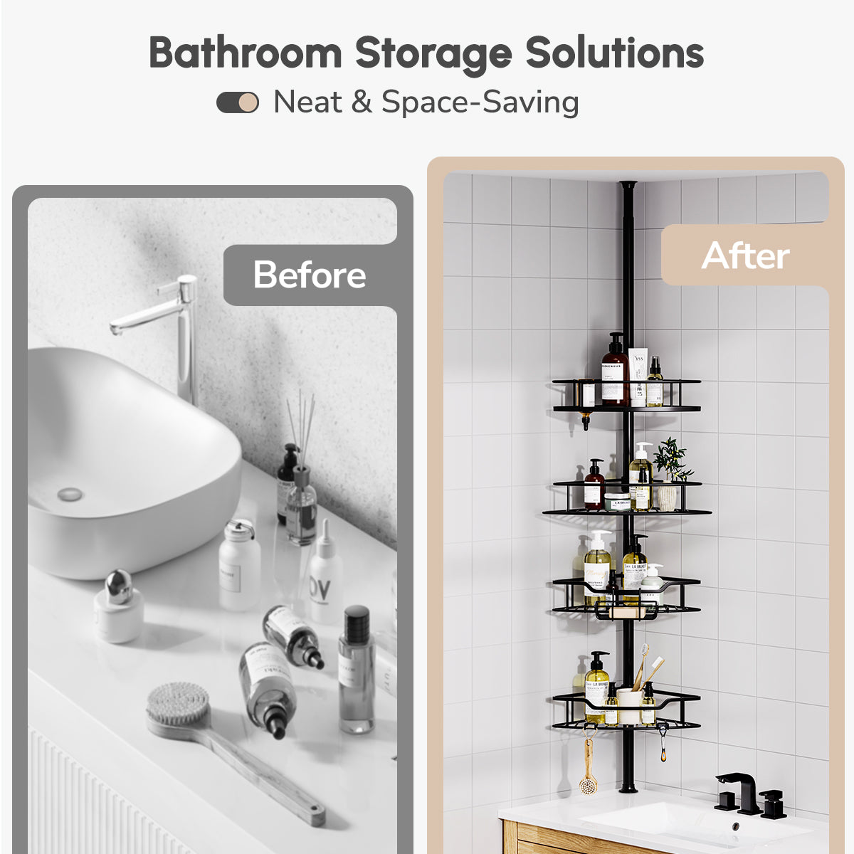 USHOWER Stokado Corner Shower Caddy Tension Pole Matte Black to Save Space and Declutter Countertops as a Storage Solution