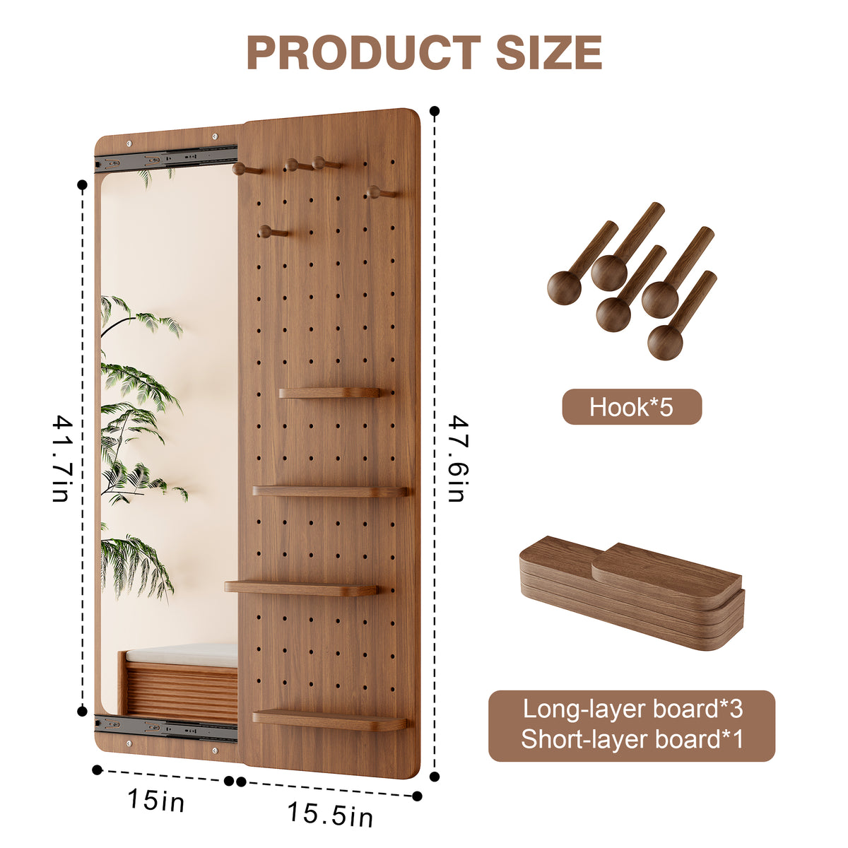 Walnut Wall-Mounted Full-Length Mirror, 47.6 x 15.7 Inch Sliding Space-Saving Mirror with Multi-Functional Panel for Bedroom, Living Room & Entryway