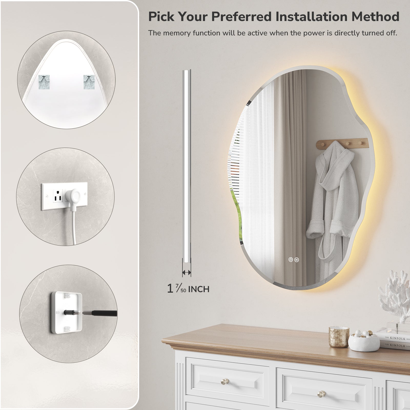 Irregular oval LED bathroom mirror with plug-in or hardwired installation options and memory function