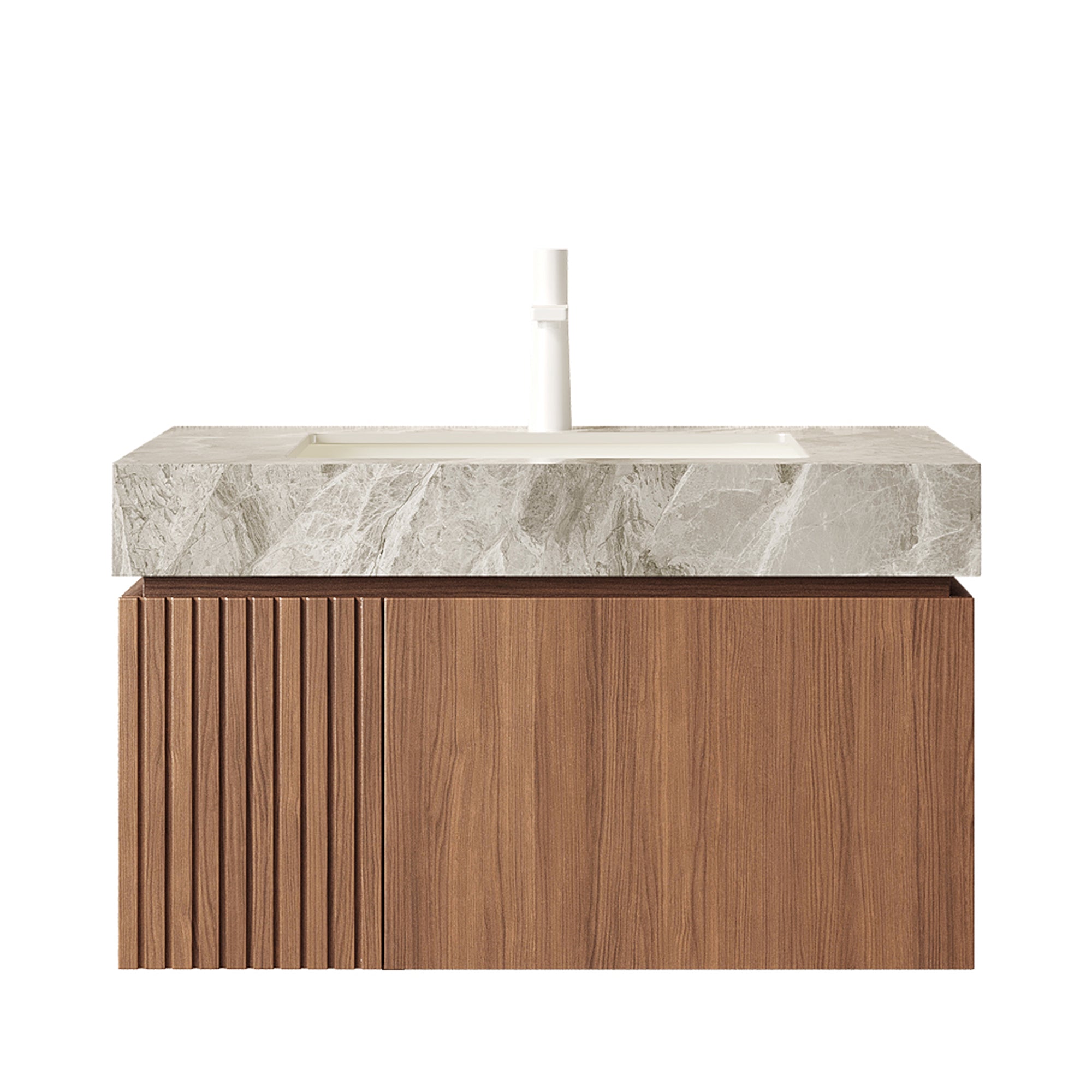 MURI 30" Wall-Mounted Bathroom Vanity with Light Gray Sintered Stone Top & Ceramic Sink, Floating Cabinet with Drawer and Door, Brown Oak Woodgrain, Pre-Assembled