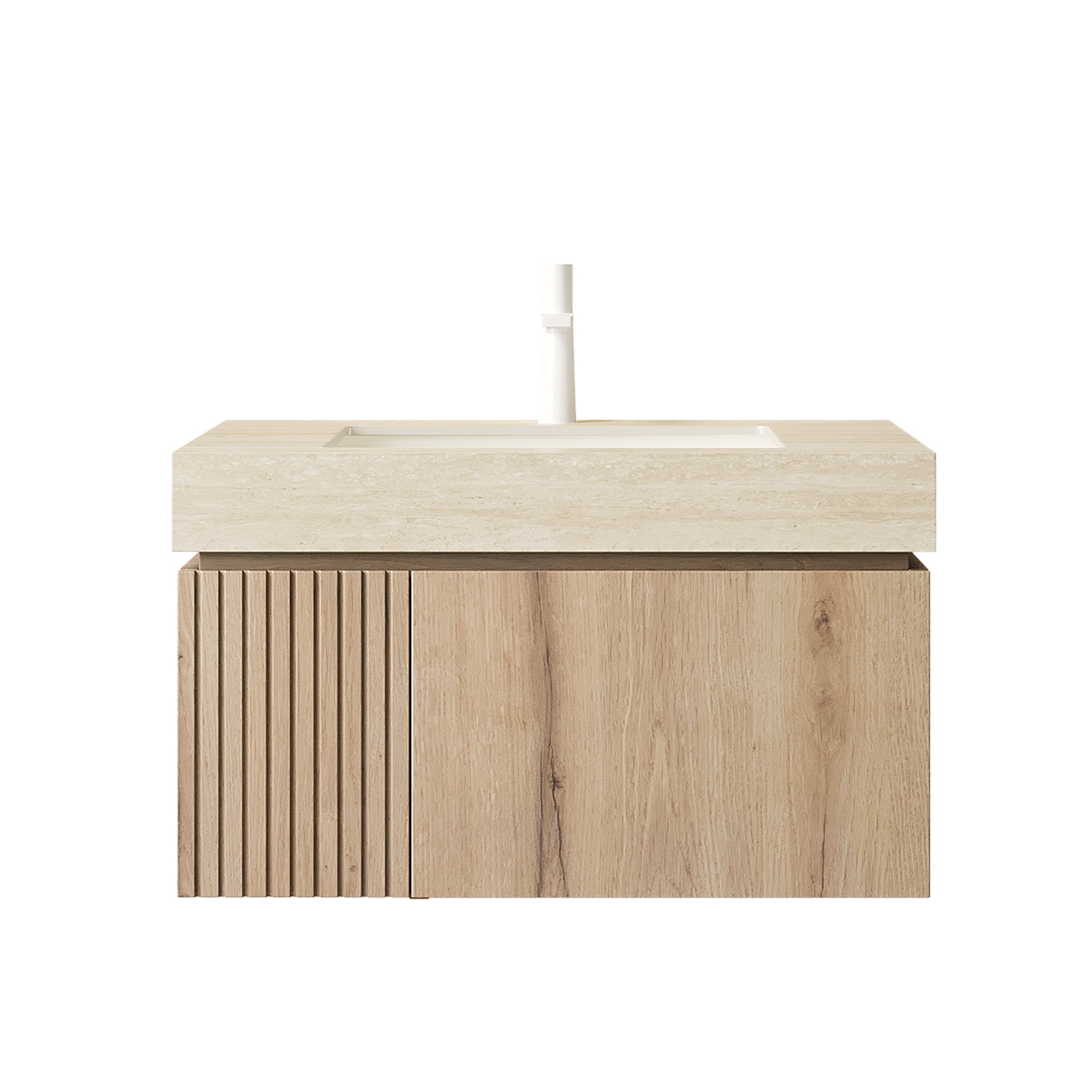 MURI 30" Wall-Mounted Bathroom Vanity with Travertine-Pattern Sintered Stone Top & Ceramic Sink, Floating Cabinet with Drawer and Door, Natural Oak Woodgrain, Pre-Assembled