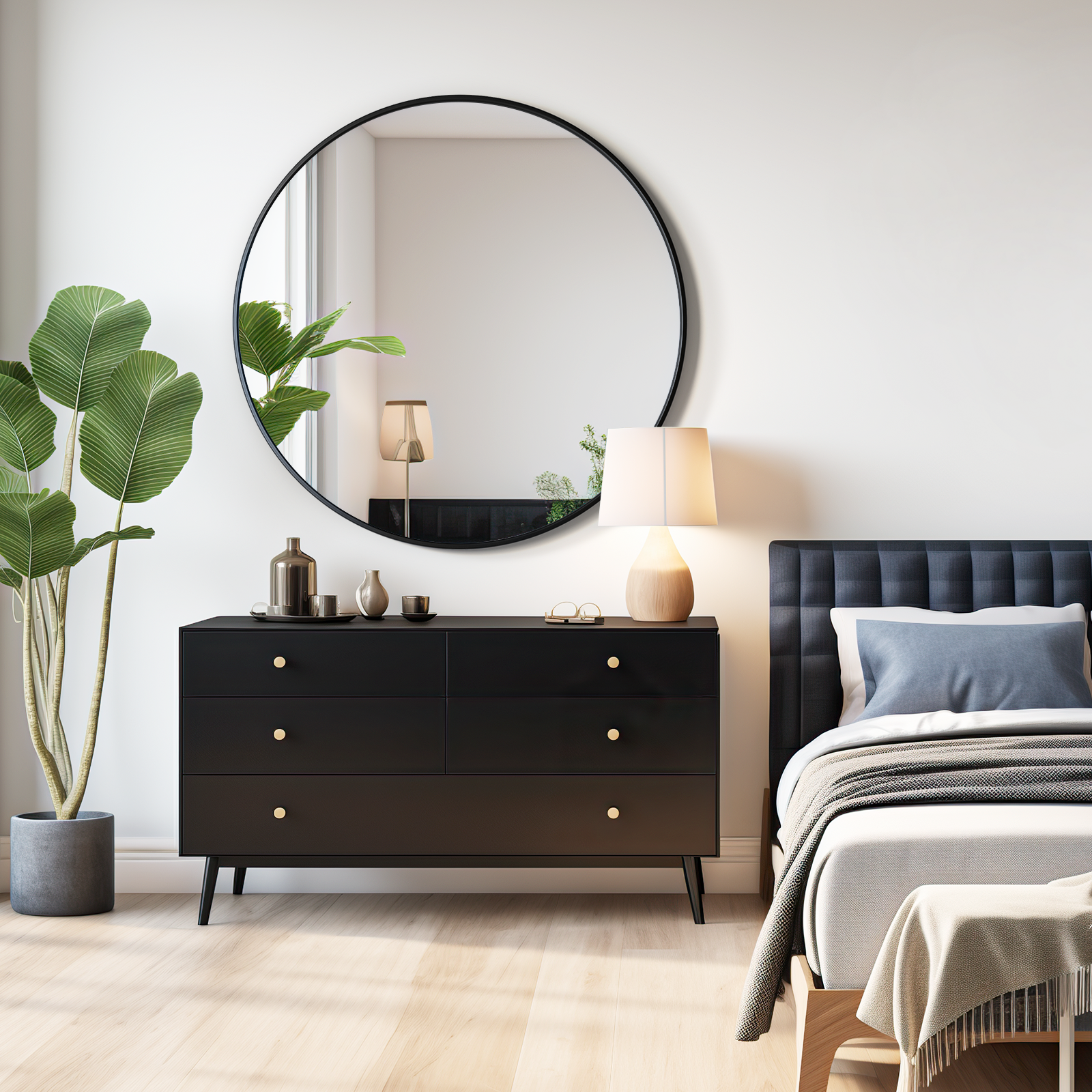 USHOWER Nwar Series – 42'' Black Round Bathroom Mirror