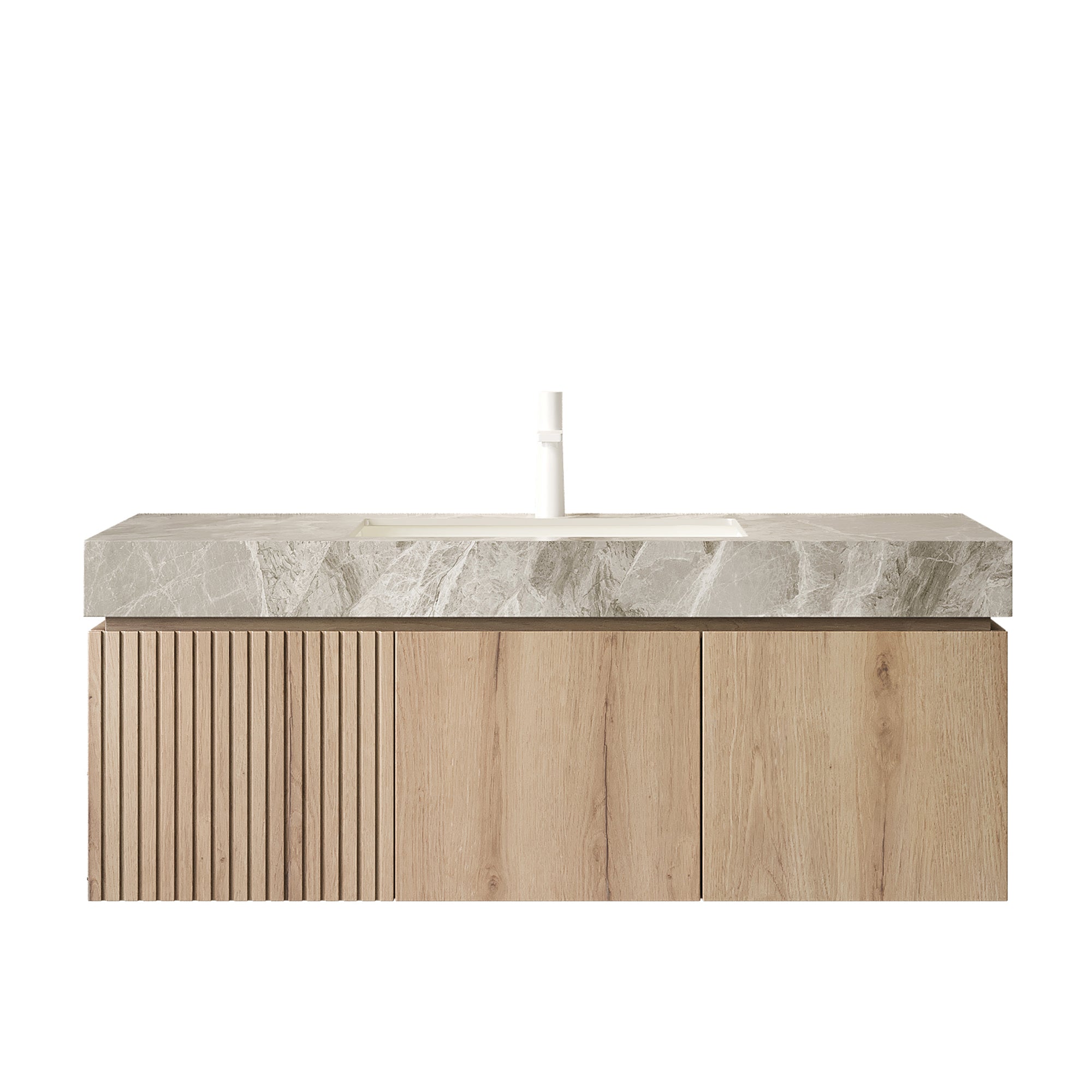 MURI 48" Wall-Mounted Bathroom Vanity with Light Gray Sintered Stone Top & Ceramic Sink, Floating Cabinet with Drawer and Door, Natural Oak Woodgrain, Pre-Assembled