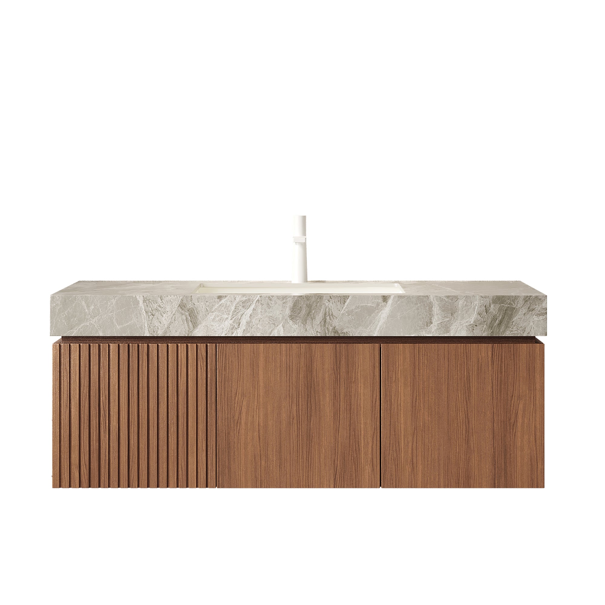MURI 48" Wall-Mounted Bathroom Vanity with Light Gray Sintered Stone Top & Ceramic Sink, Floating Cabinet with Drawer and Door, Brown Oak Woodgrain, Pre-Assembled