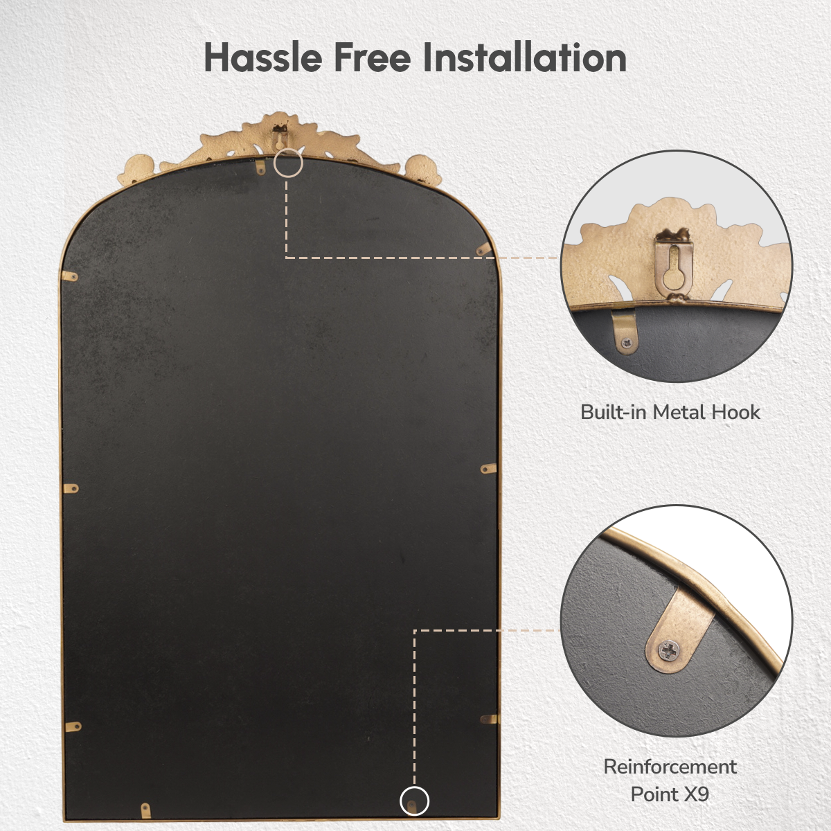 USHOWER Retra Series 19x31 Gold Vintage Mirror Back View with Hook Mount and 9 Reinforcement Points for Hanging