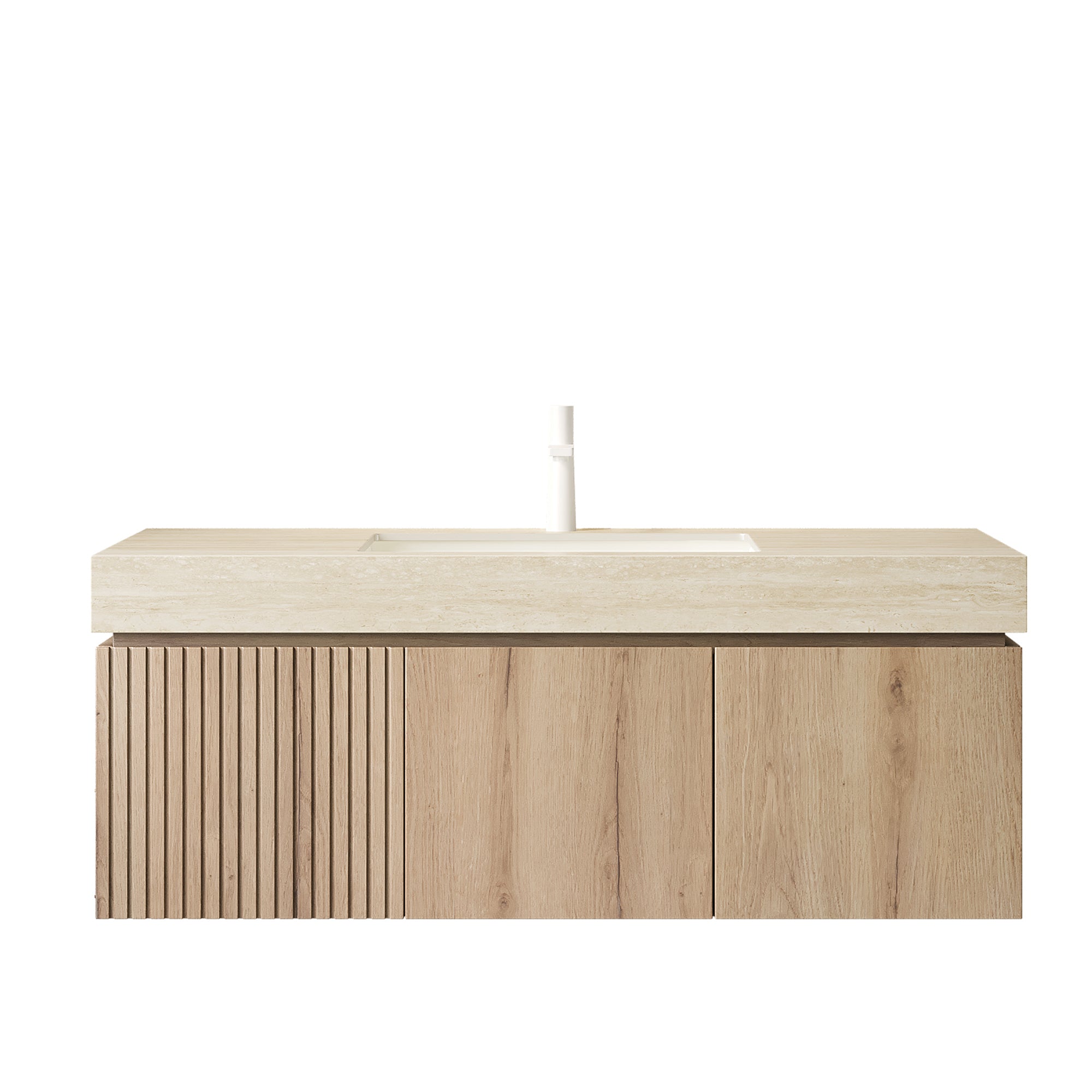 MURI 48" Wall-Mounted Bathroom Vanity with Travertine-Pattern Sintered Stone Top & Ceramic Sink, Floating Cabinet with Drawer and Door, Natural Oak Woodgrain, Pre-Assembled