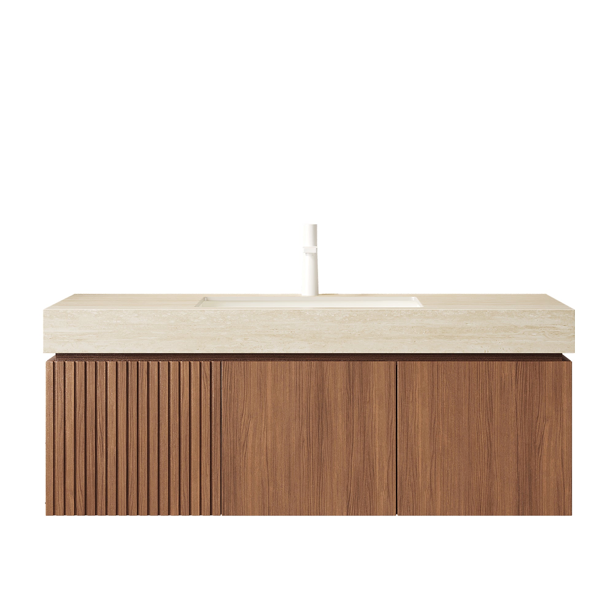 MURI 48" Wall-Mounted Bathroom Vanity with Travertine-Pattern Sintered Stone Top & Ceramic Sink, Floating Cabinet with Drawer and Door, Brown Oak Woodgrain, Pre-Assembled