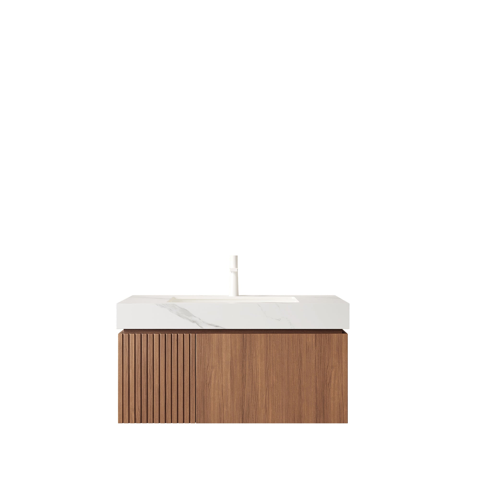 MURI 36" Wall-Mounted Bathroom Vanity with White Sintered Stone Top & Ceramic Sink, Floating Cabinet with Drawer and Door, Brown Oak Woodgrain, Pre-Assembled