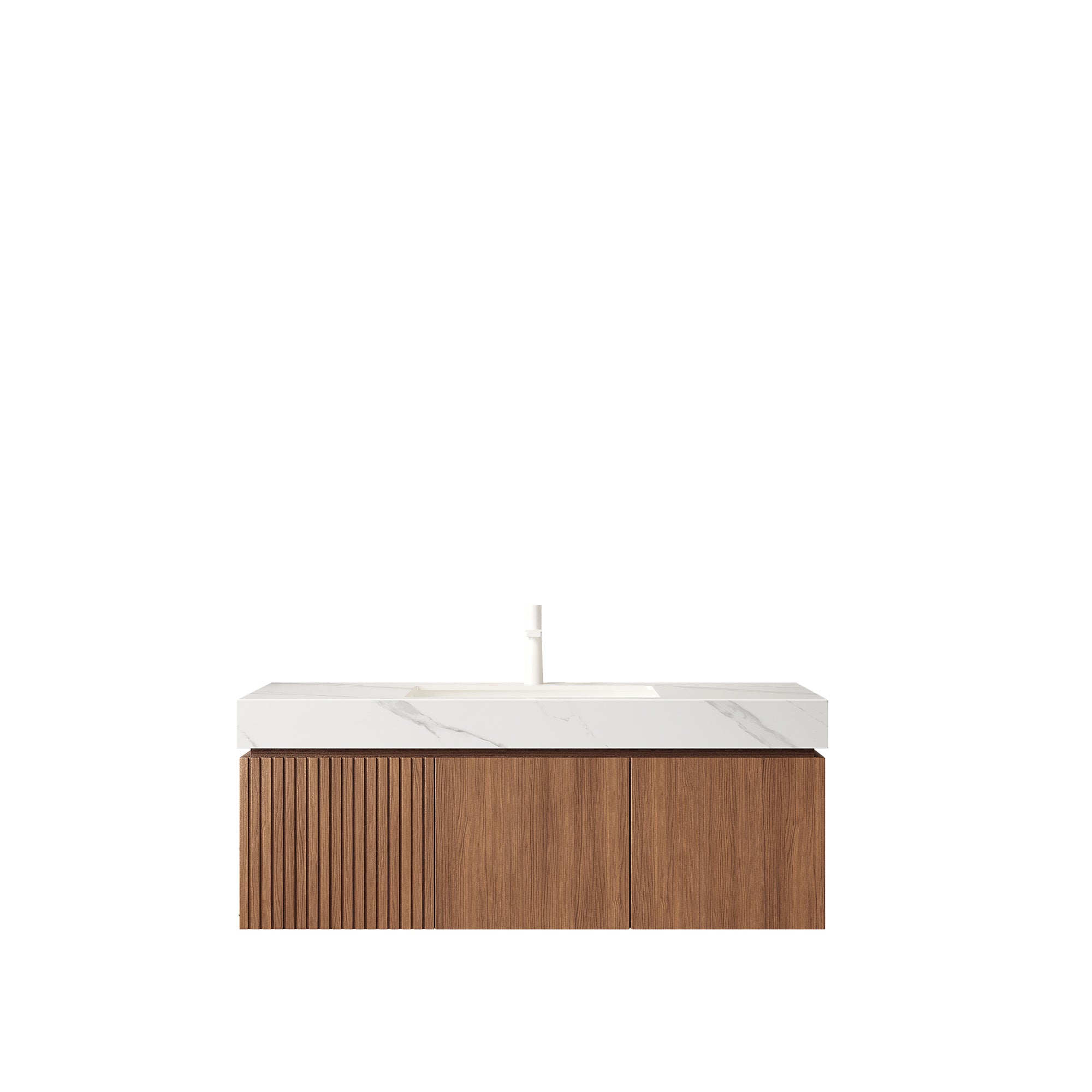 MURI 48" Wall-Mounted Bathroom Vanity with White Sintered Stone Top & Ceramic Sink, Floating Cabinet with Drawer and Door, Brown Oak Woodgrain, Pre-Assembled