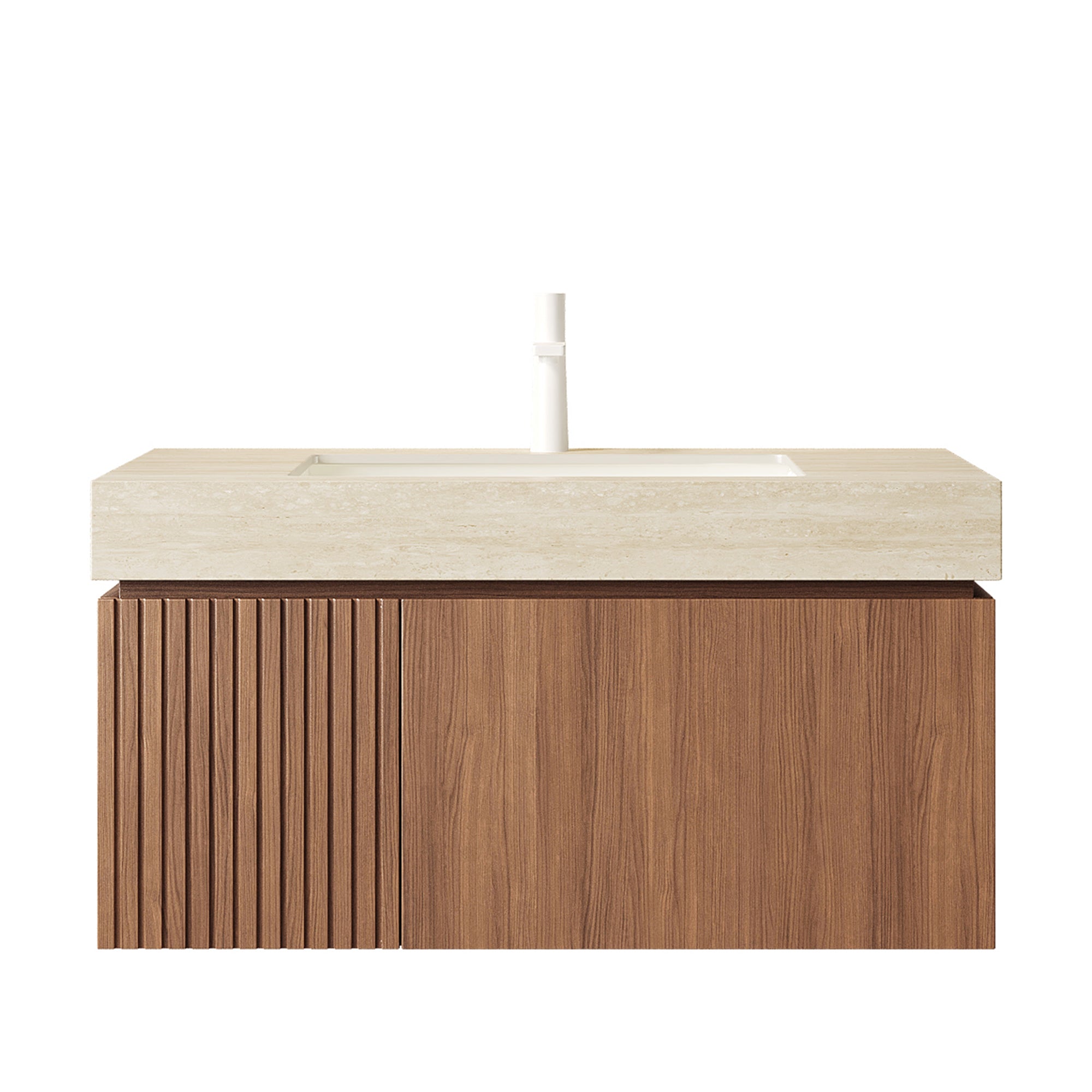 MURI 36" Wall-Mounted Bathroom Vanity with Travertine-Pattern Sintered Stone Top & Ceramic Sink, Floating Cabinet with Drawer and Door, Brown Oak Woodgrain, Pre-Assembled