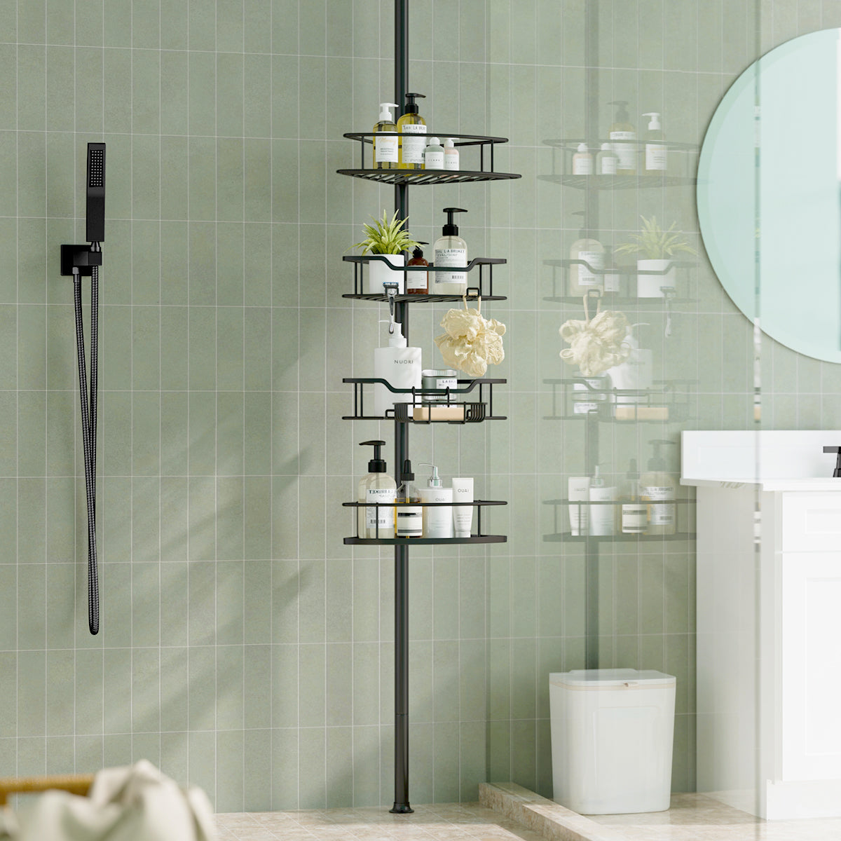 USHOWER Stokado Matte Black Tension Pole Caddy Installed Floor-to-Ceiling Beside Shower for Convenient Vertical Storage