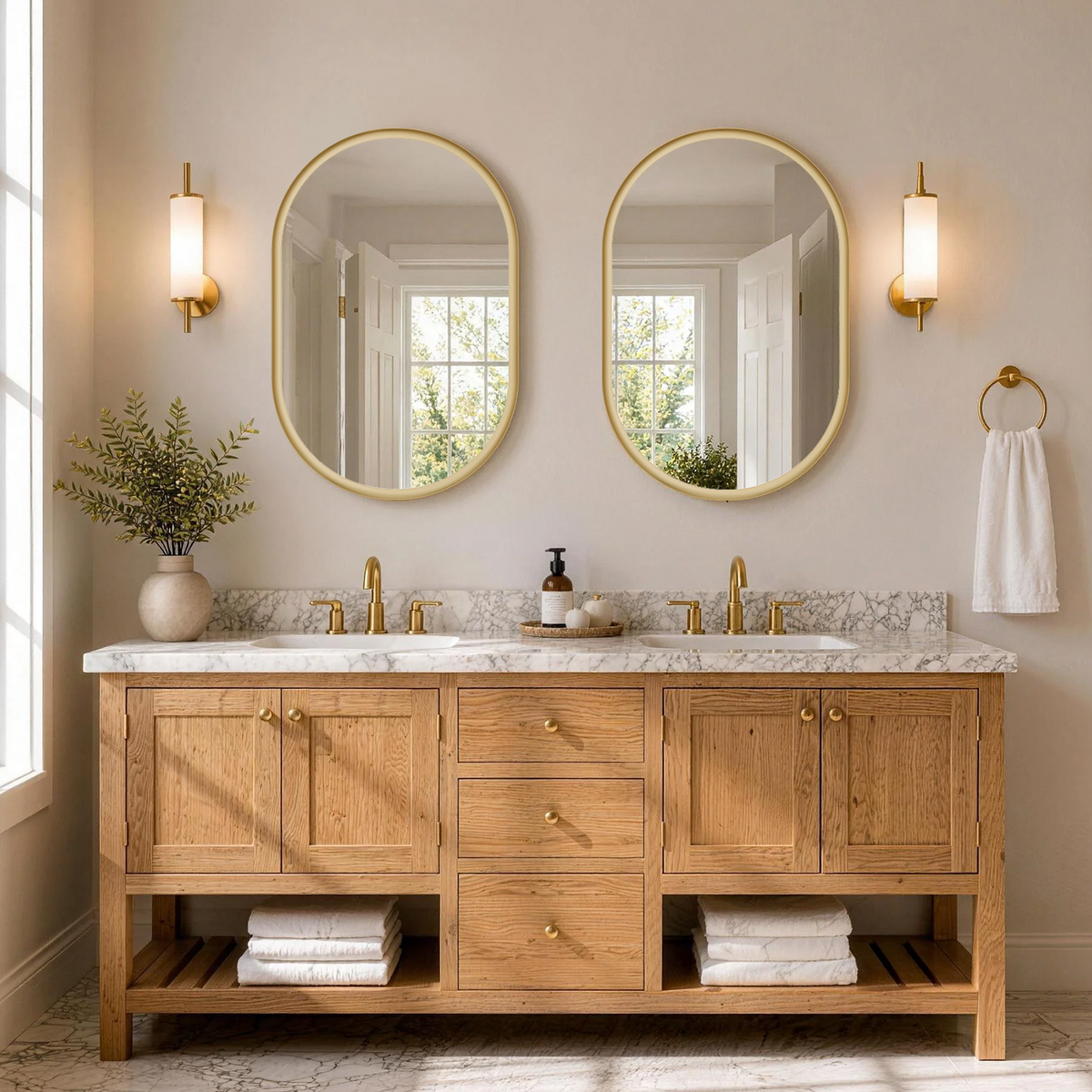 USHOWER Curva Brushed Gold Oval Mirror 24x36 Inch, Oval Bathroom Mirror