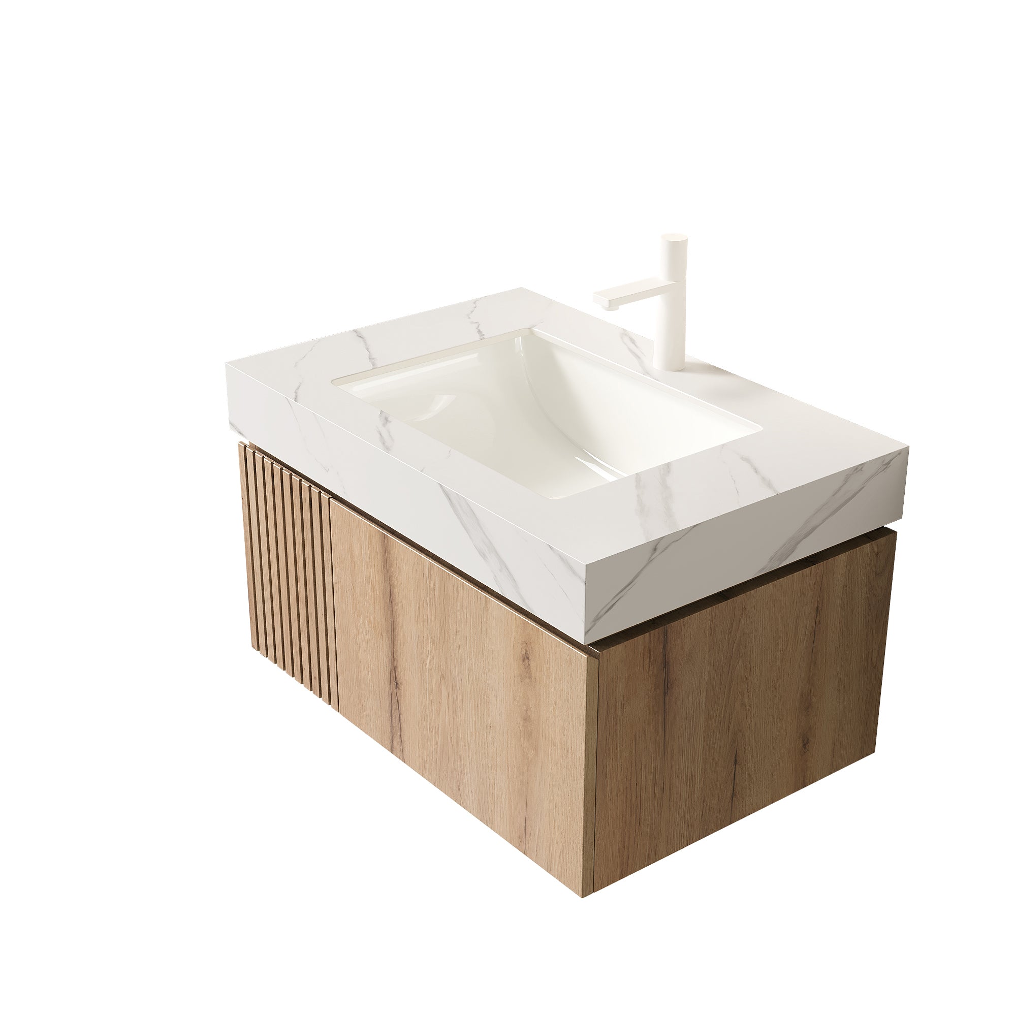 MURI 30" Wall-Mounted Bathroom Vanity with White Sintered Stone Top & Ceramic Sink, Floating Cabinet with Drawer and Door, Natural Oak Woodgrain, Pre-Assembled