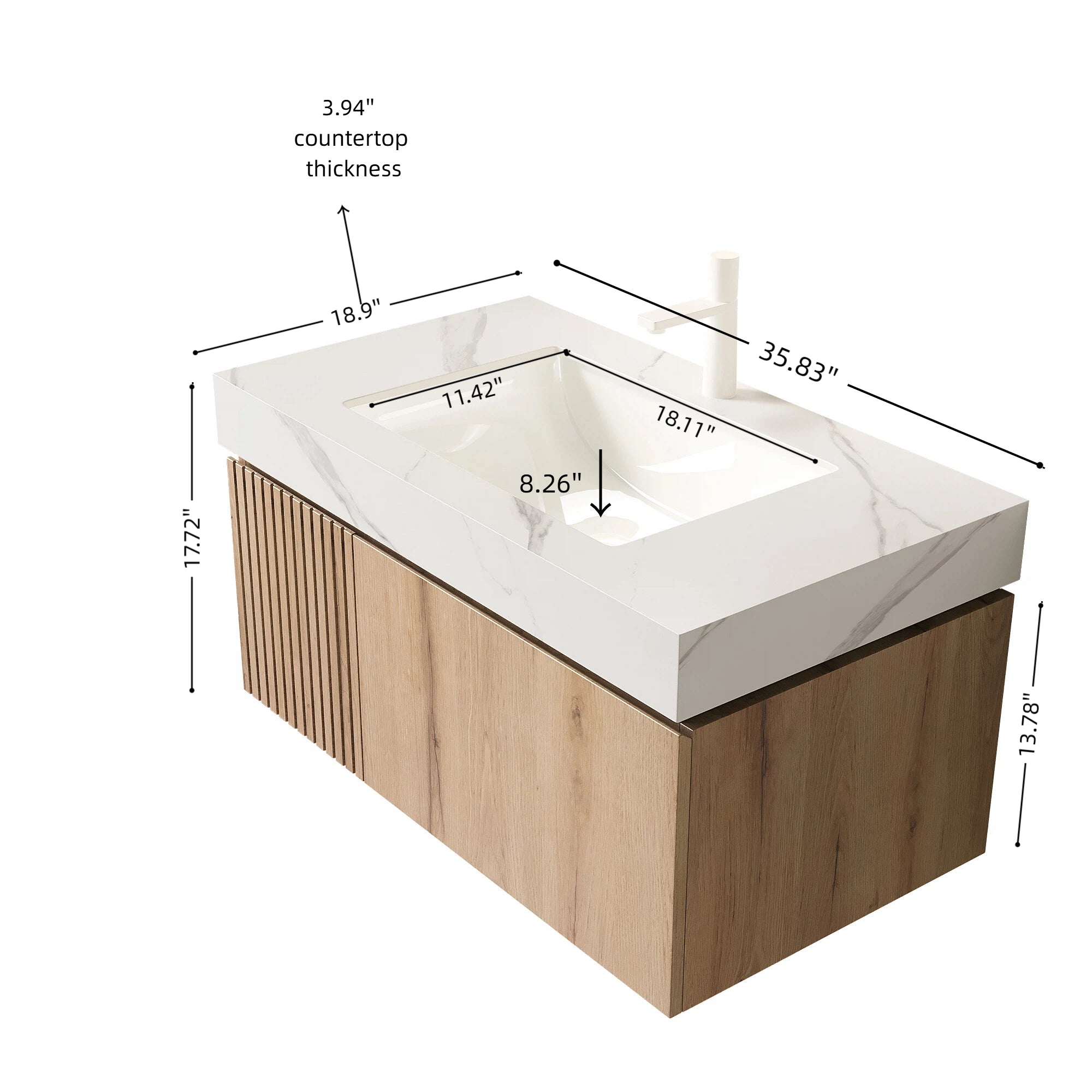 MURI 36" Wall-Mounted Bathroom Vanity with White Sintered Stone Top & Ceramic Sink, Floating Cabinet with Drawer and Door, Natural Oak Woodgrain, Pre-Assembled