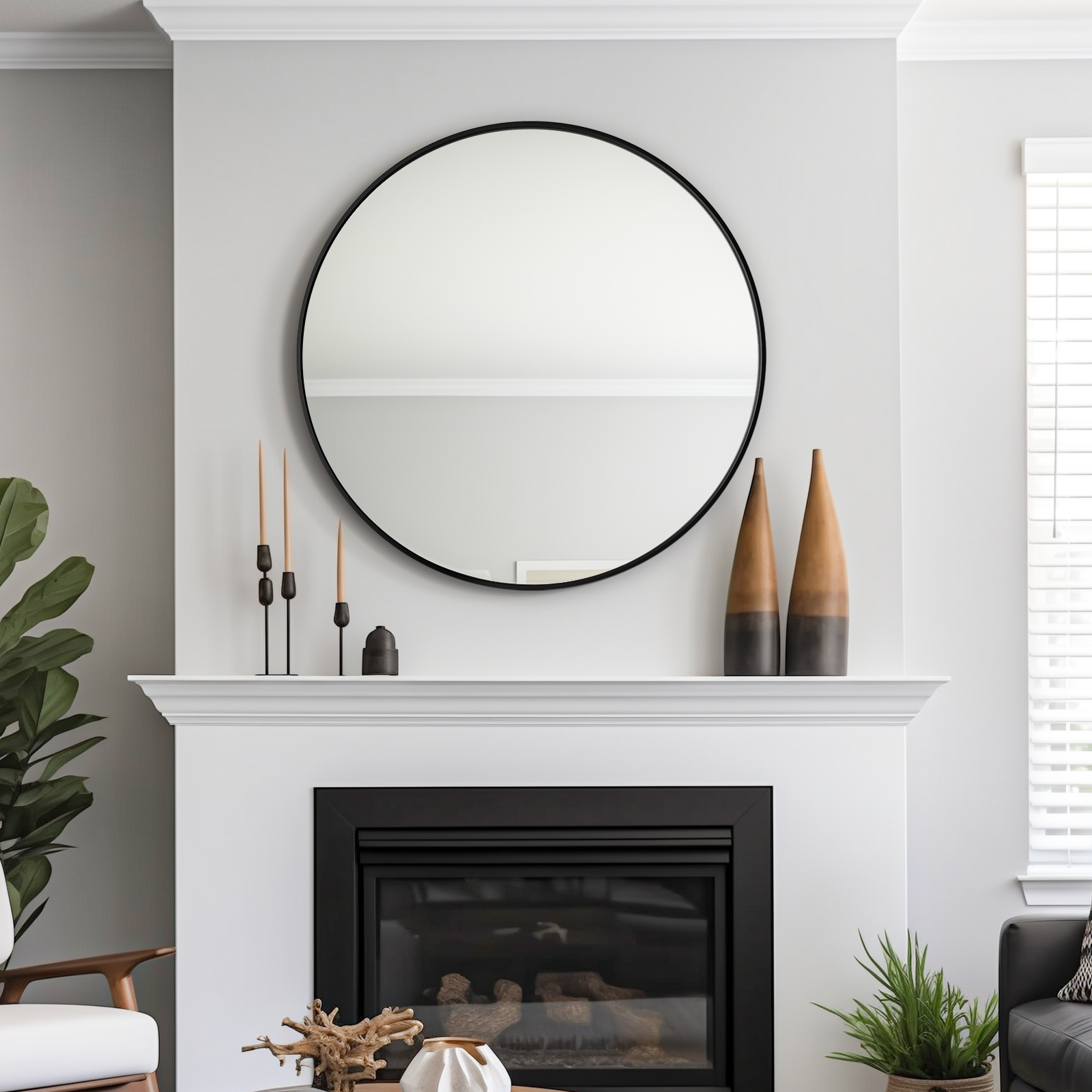 USHOWER Nwar Series – 36'' Black Round Bathroom Mirror