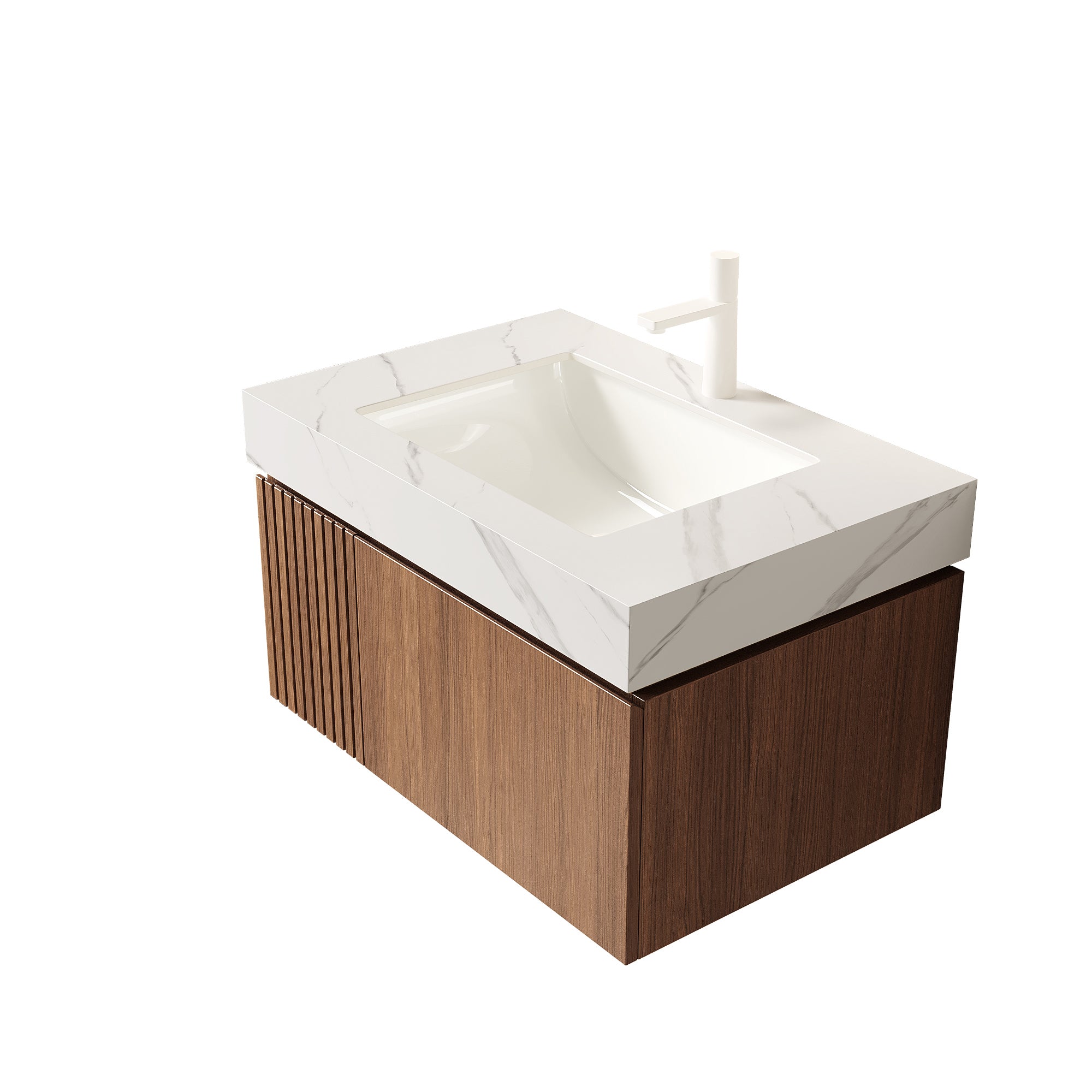 MURI 30" Wall-Mounted Bathroom Vanity with White Sintered Stone Top & Ceramic Sink, Floating Cabinet with Drawer and Door, Brown Oak Woodgrain, Pre-Assembled