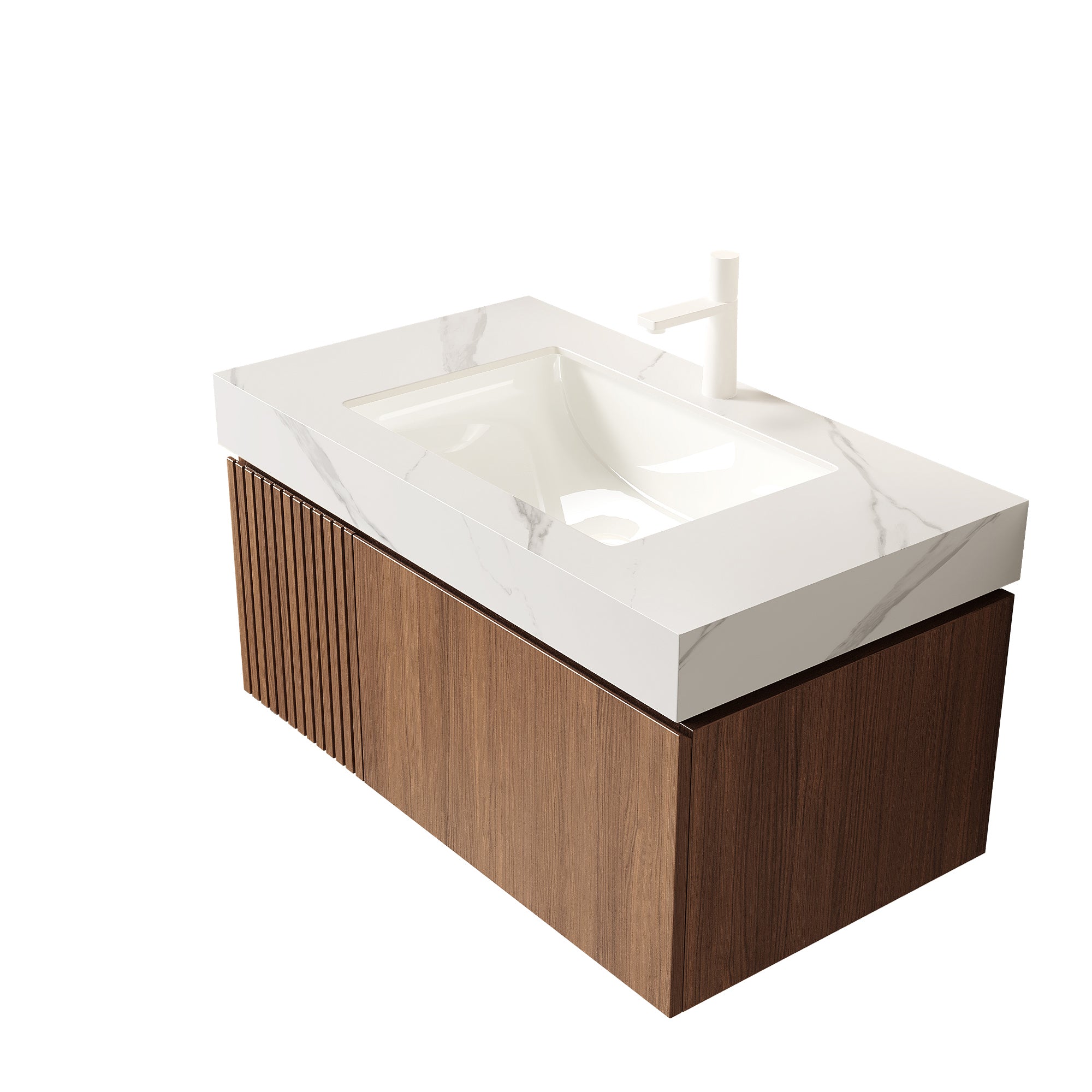 MURI 36" Wall-Mounted Bathroom Vanity with White Sintered Stone Top & Ceramic Sink, Floating Cabinet with Drawer and Door, Brown Oak Woodgrain, Pre-Assembled