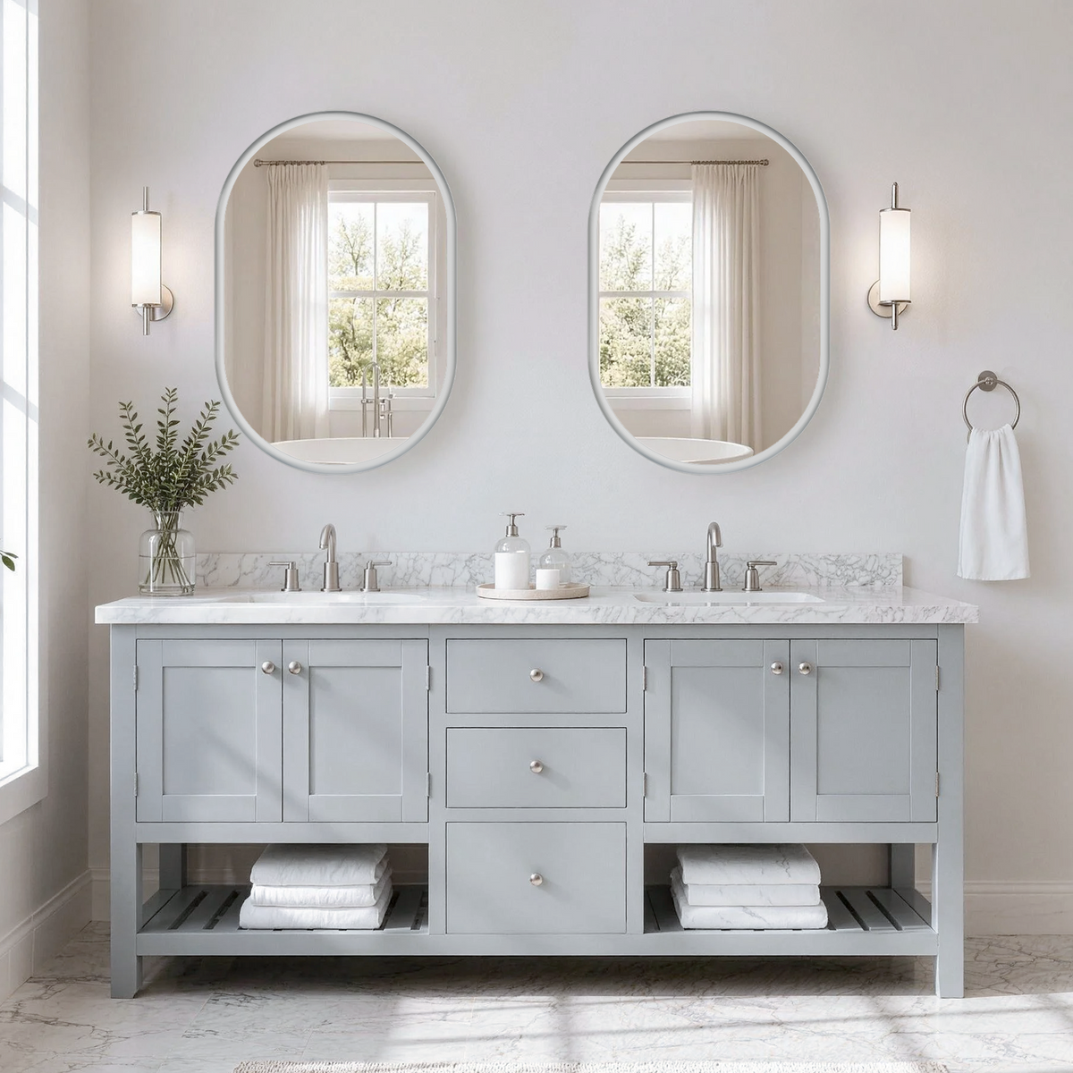 USHOWER Curva Brushed Nickel Oval Mirror 24x36 Inch, Oval Bathroom Mirror