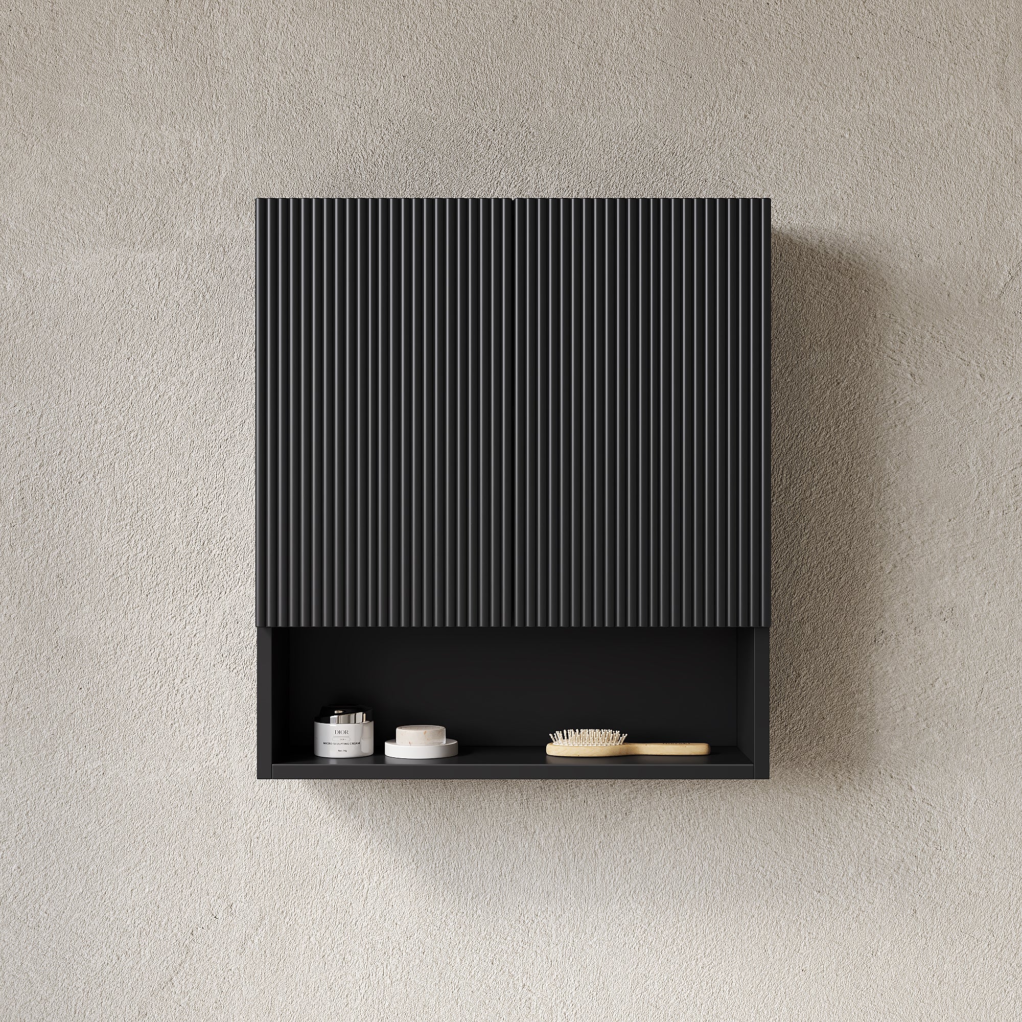 TOBI 26" Wall-Mounted Striped Bathroom Cabinet, with Doors, Shelf and Open Storage Compartment Over The Toilet Storage Cabinet for Bathroom, Kitchen, Laundry Room, Black Color