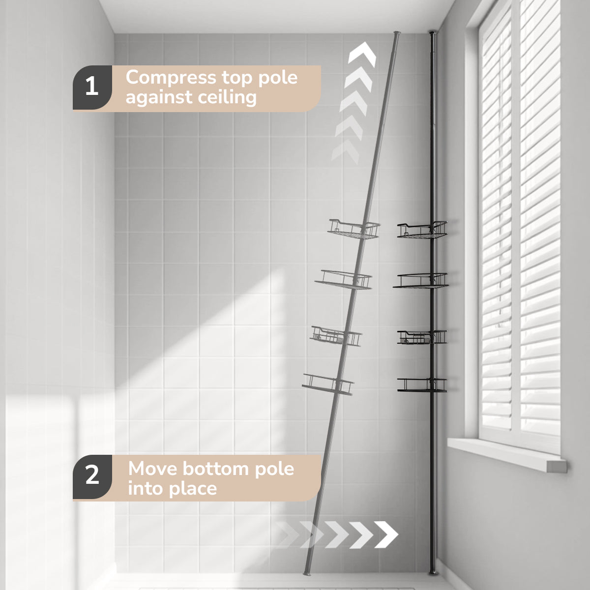 Easy Setup of USHOWER Stokado Shower Caddy Tension Pole Matte Black– Press Top to Ceiling, Adjust Bottom to Lock in Place