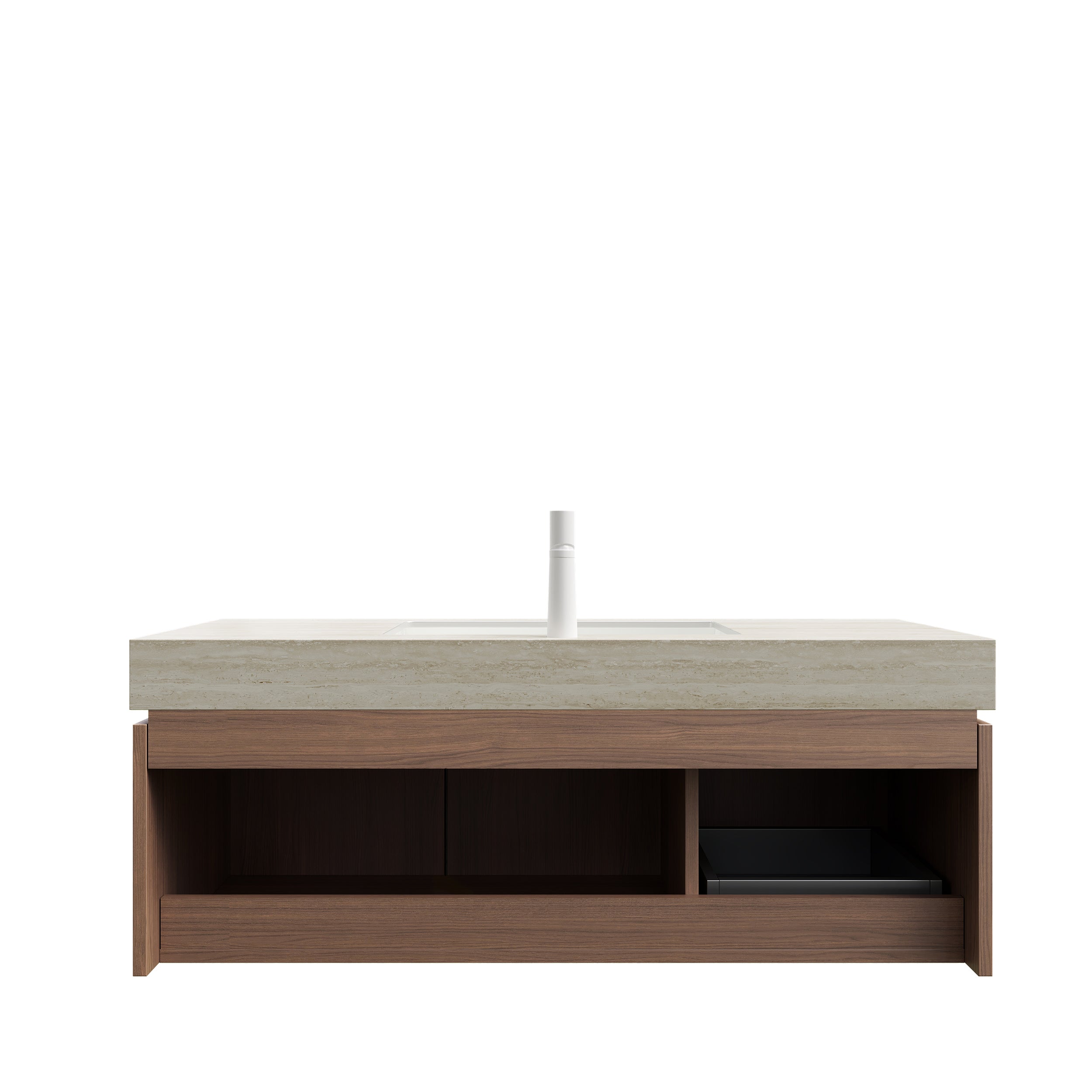 MURI 48" Wall-Mounted Bathroom Vanity with Travertine-Pattern Sintered Stone Top & Ceramic Sink, Floating Cabinet with Drawer and Door, Brown Oak Woodgrain, Pre-Assembled