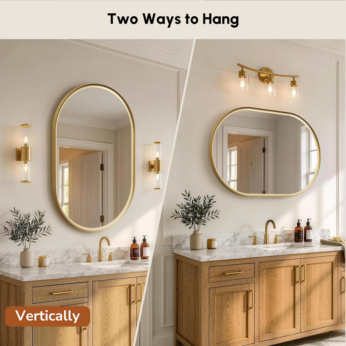 USHOWER Curva Brushed Gold Oval Mirror 24x36 Inch, Oval Bathroom Mirror
