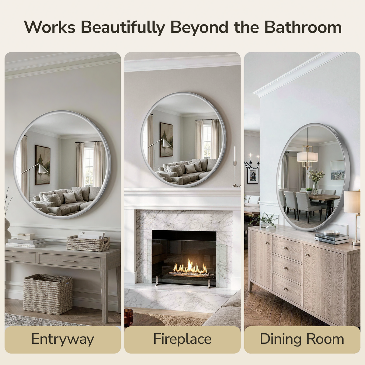USHOWER Curva Round Bathroom Mirror 36 Inch, Brushed Nickel Circle Mirror Over Sink Vanity