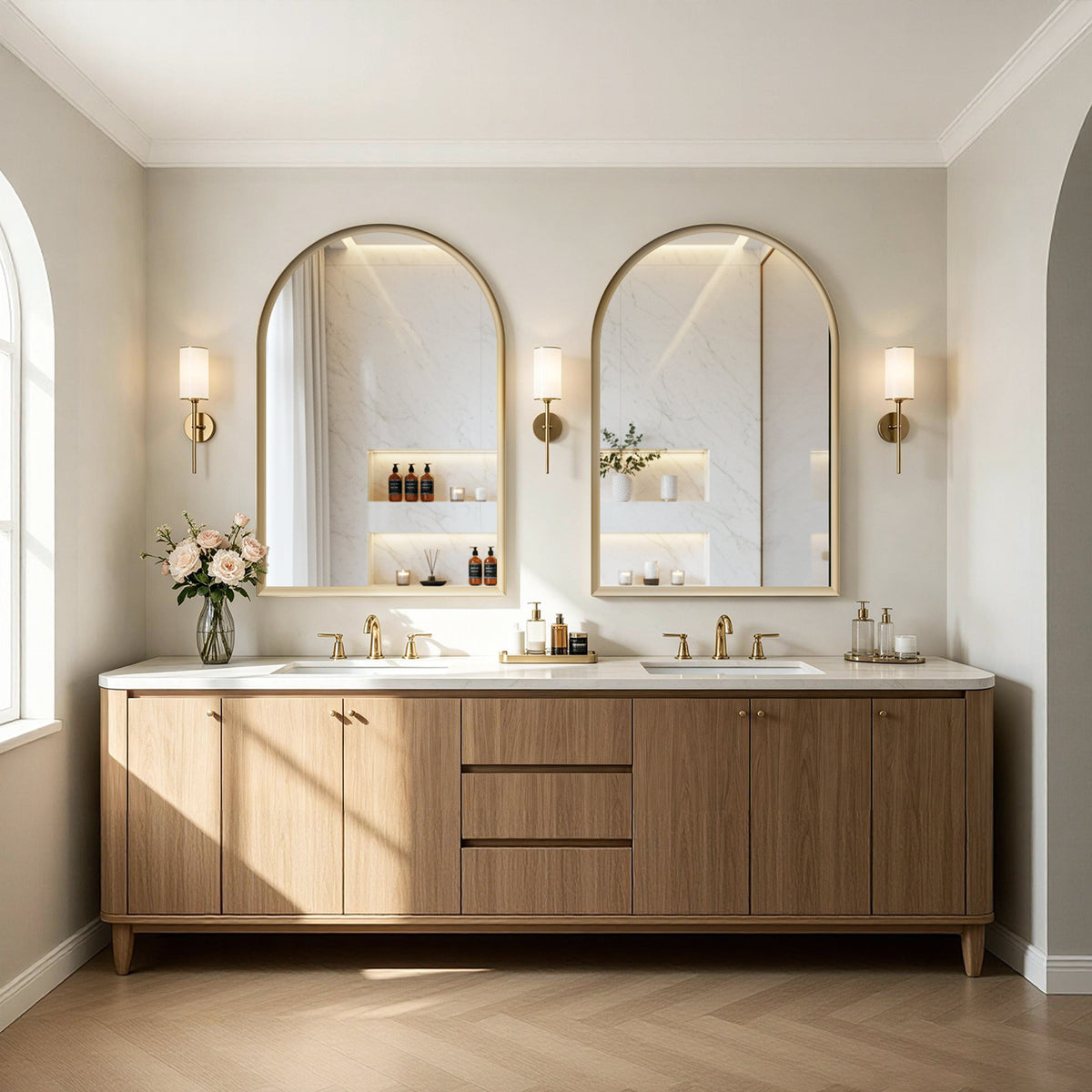 USHOWER Curva Brushed Gold Arched Mirror 24x36 Inch, Arched Bathroom Mirror