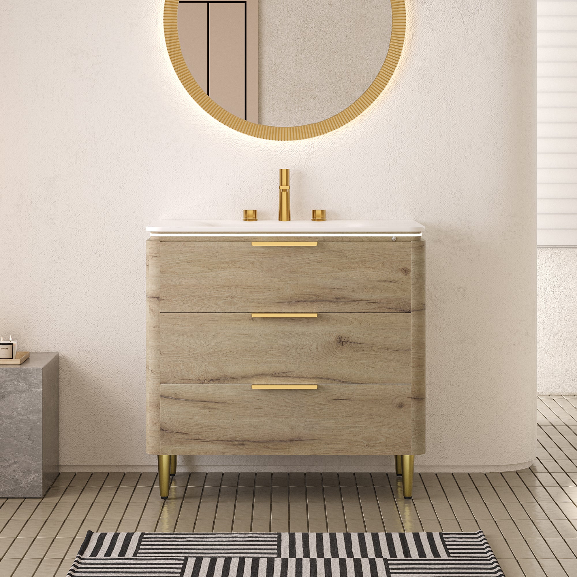AMARA 36'' Bathroom Vanity with Sink, Freestanding Curved Edges Plywood Bathroom Storage Cabinet with 3 Drawers, Carrara White Sintered Stone Integrated Basin, Pre-assembled, White Oak Woodgrain Color