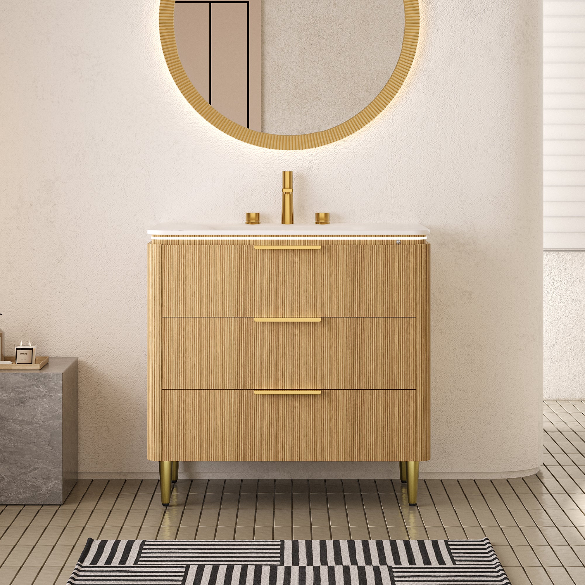 AMARA 36'' Bathroom Vanity&Sink, Freestanding Curved Edges Ultra-Slim Grille Plywood Storage Cabinet, 3 Drawers, Carrara White Sintered Stone Integrated Basin, Pre-assembled, Light Oak Woodgrain Color