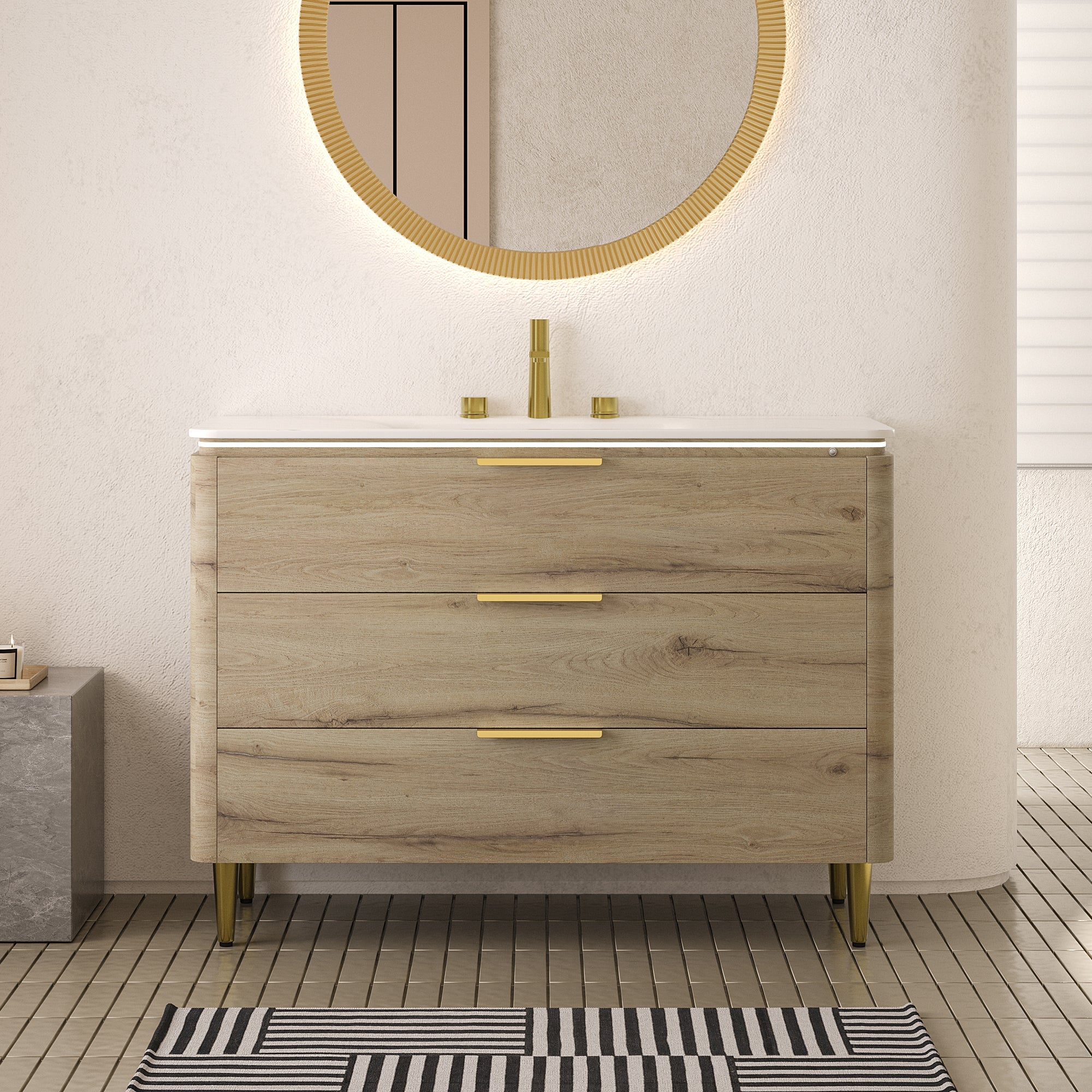 AMARA 48'' Bathroom Vanity with Sink, Freestanding Curved Edges Plywood Bathroom Storage Cabinet with 3 Drawers, Carrara White Sintered Stone Integrated Basin, Pre-assembled, White Oak Woodgrain Color