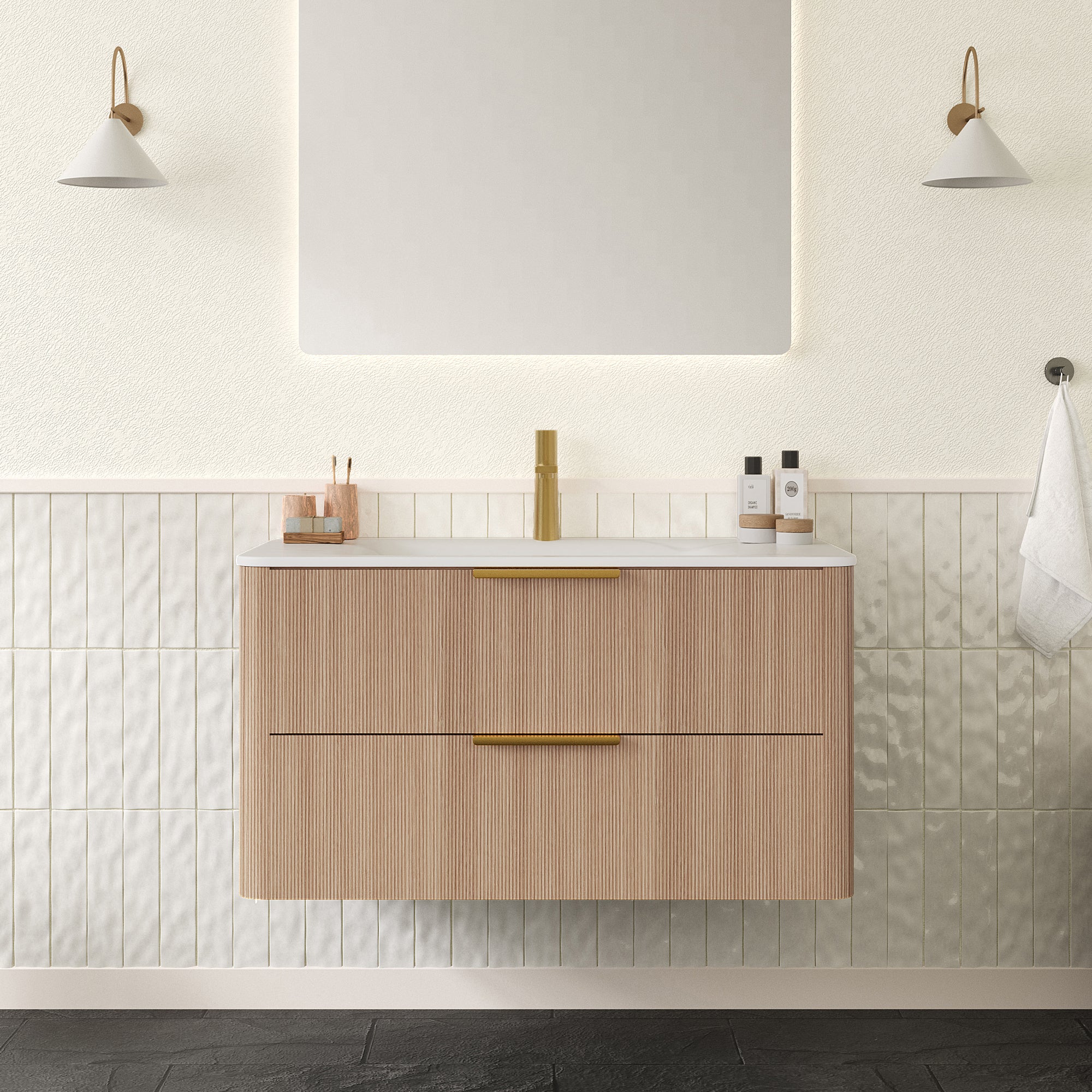 ZANE 36" Bathroom Vanity with Sink, Floating Ultra-Pinstriped Plywood Storage Cabinet with Drawers, Carrara White Sintered Stone Hot-bent Integrated Basin, Pre-assembled, Light Natural Woodgrain Color