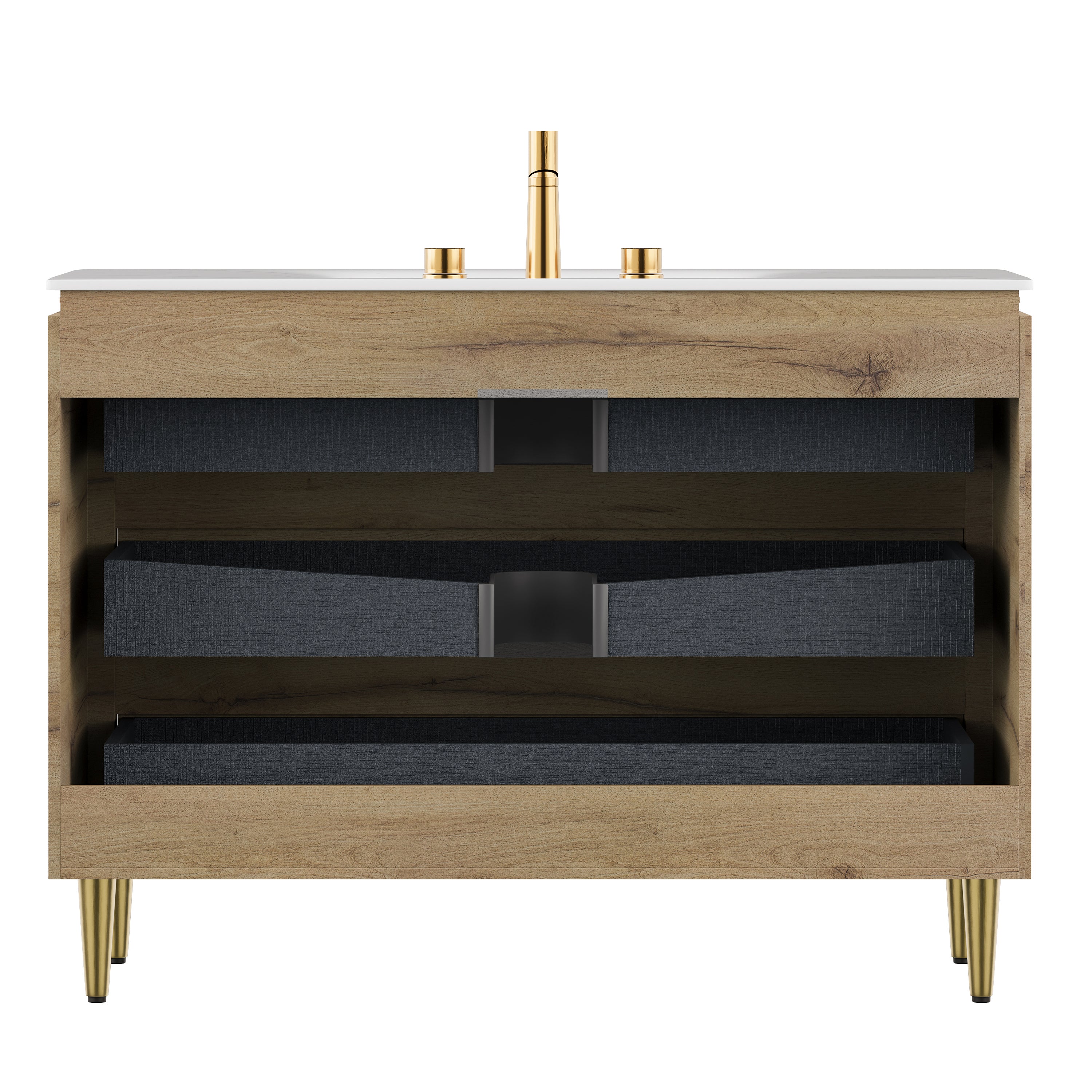 AMARA 48'' Bathroom Vanity with Sink, Freestanding Curved Edges Plywood Bathroom Storage Cabinet with 3 Drawers, Carrara White Sintered Stone Integrated Basin, Pre-assembled, White Oak Woodgrain Color
