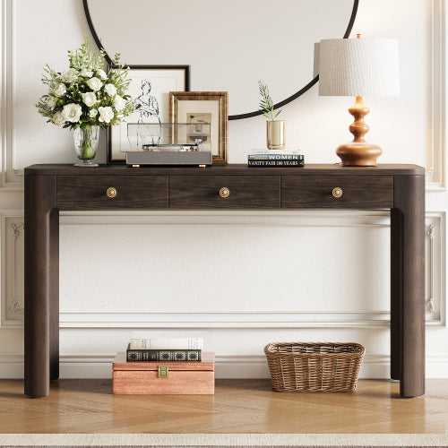TREXM Rustic Console Table with 3 Concealed Drawers, Farmhouse Entryway Sofa Table with Curved Corners & Thick Legs for Living Room & Hallway,Espresso