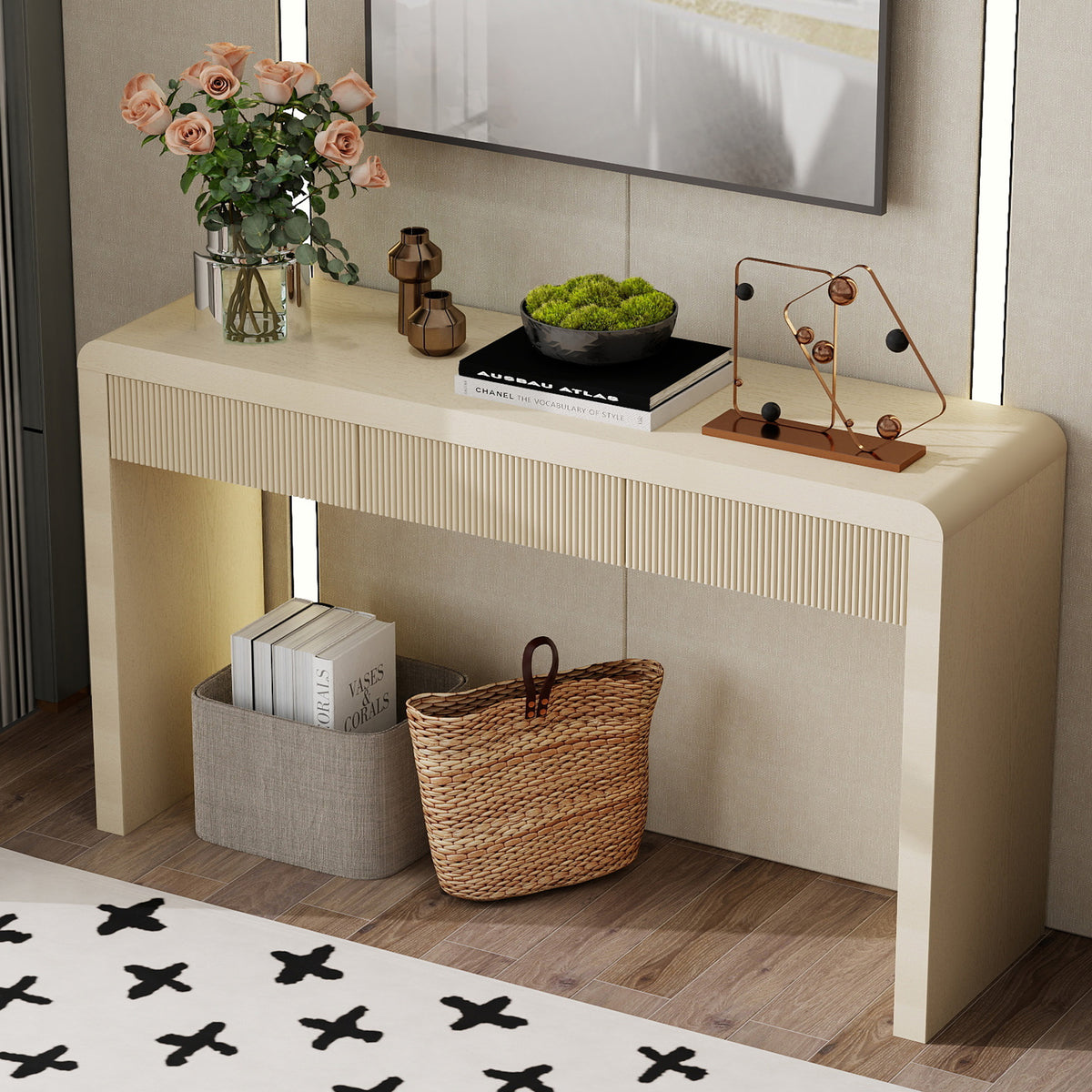 TREXM Rustic Fluted Console Table with 3 Drawers, Solid Wood Veneer Entryway Sofa Table with Natural Wood Grain, Apricot