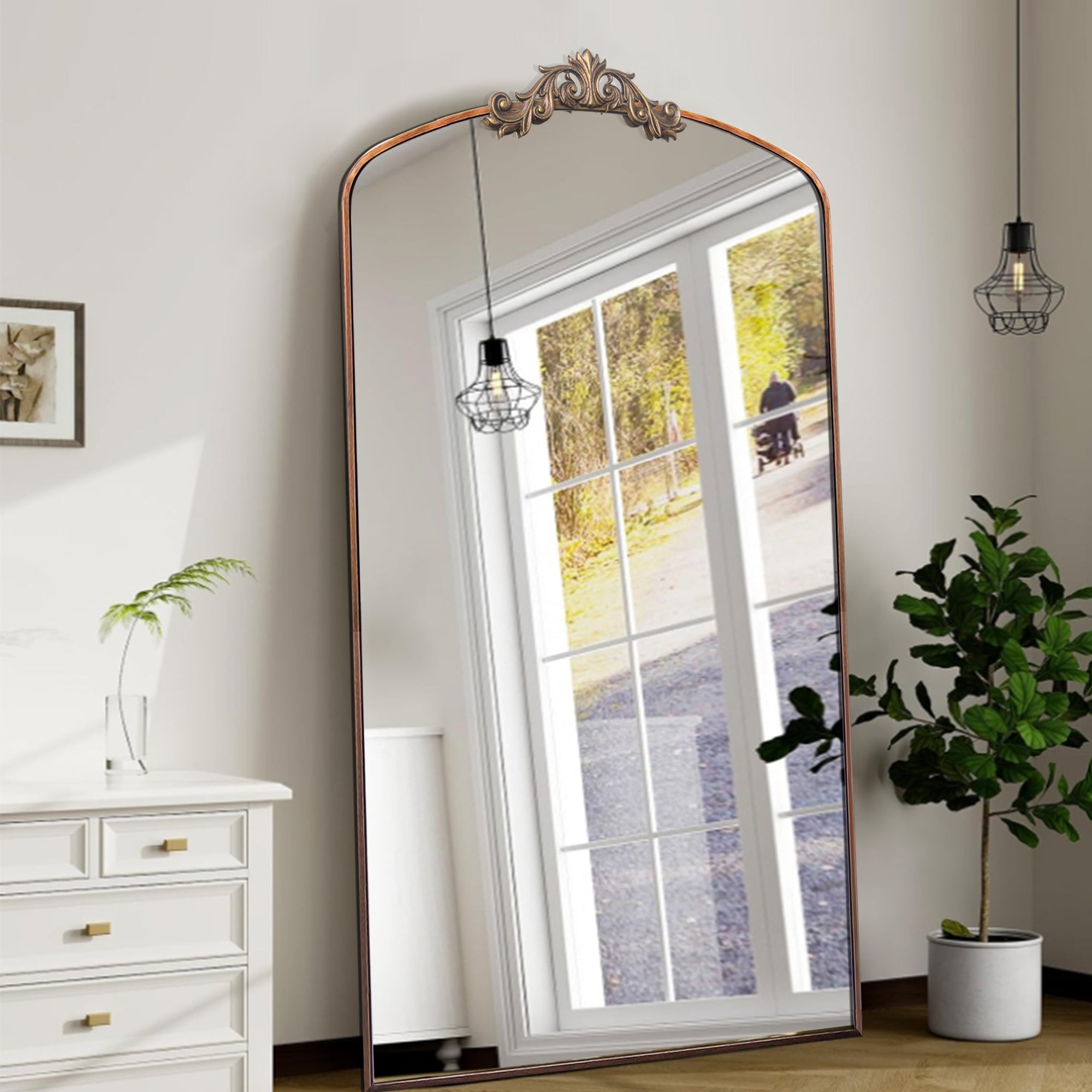 Full Length Mirror 36'' x 66'' Vintage Ornate Arched Floor Mirror, Antique Bronze Metal Framed Mirror Dressing Mirror Oversized Wall Mirror, for Entryway, Living Room, Bedroom, Clothing Shop