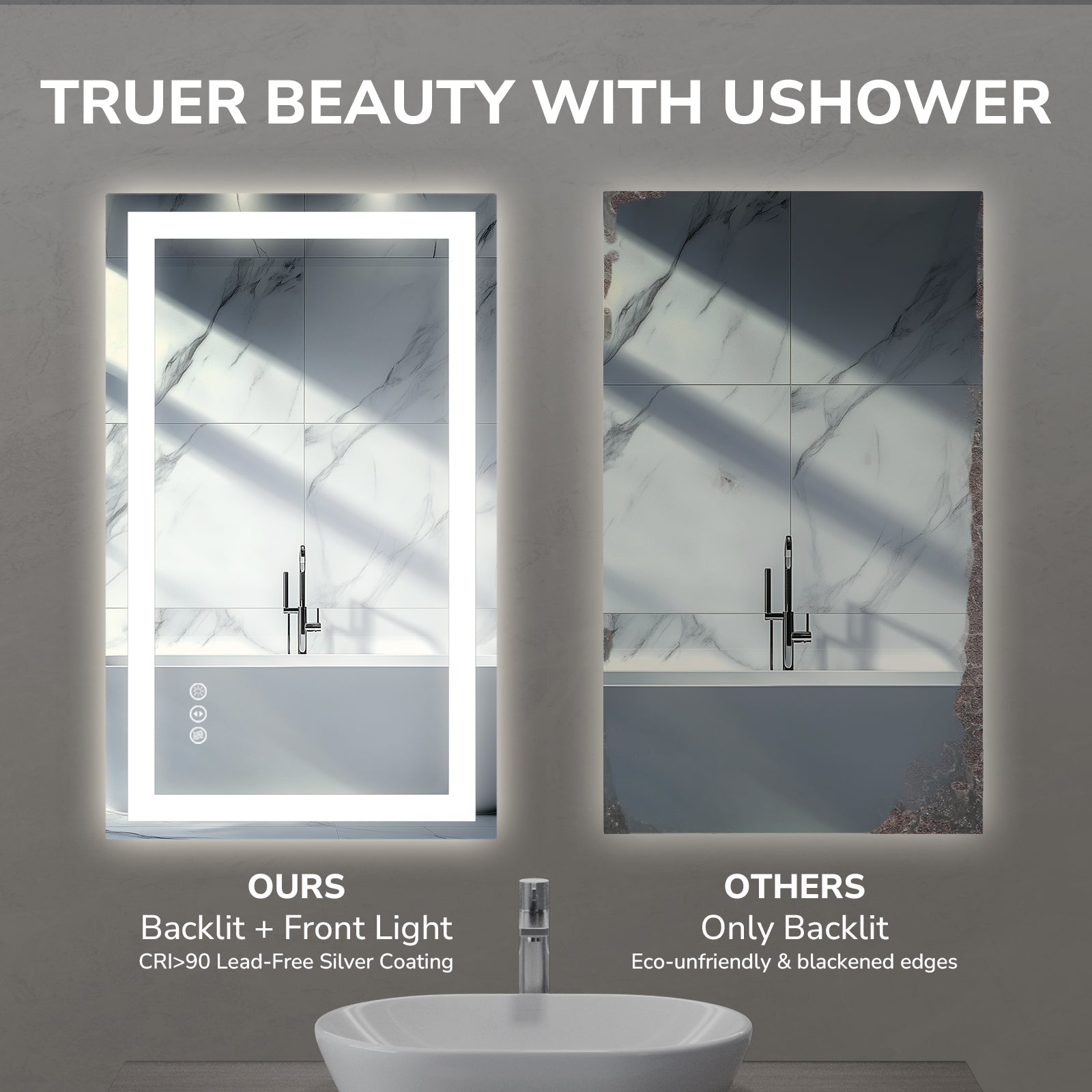 USHOWER Klara Series 32x24 Rectangular LED Bathroom Mirror with CRI 90+ Front and Back Light for Accurate Makeup Use