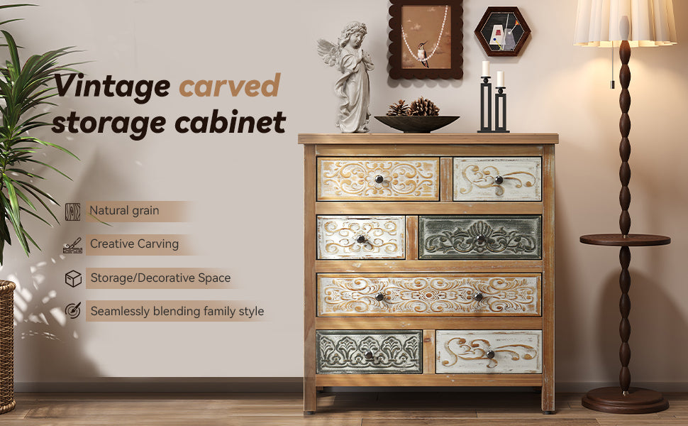 Vintage Wooden Accent Chest with 6 Drawers – Rustic Carved Storage Cabinet with Multicolor Finish for Bedroom & Living Room Decor